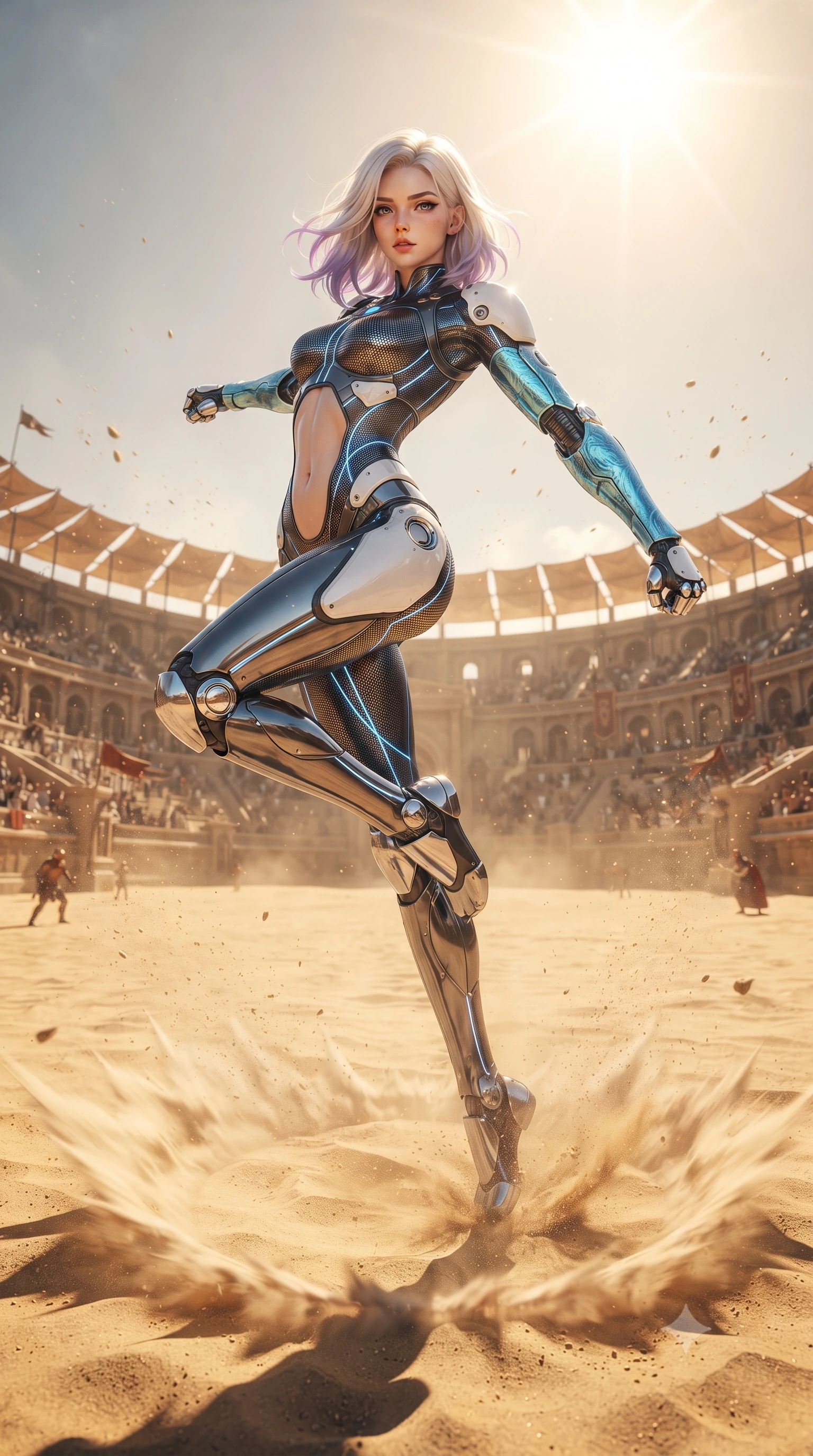 score_9, masterpiece, best quality, ultra-detailed, high-budget anime keyframe, editorial fashion photography, tasteful artistic composition, Caucasian woman. low angle full-body shot from head to toe showing her feet, filling the entire 9:16 vertical frame with her statuesque presence, stretching her vertical silhouette. leaping into mid-air with an athletic yet alluring arch of her spine, driving a downward kinetic strike surrounded by a ring of displaced air while pivoting dynamically as her heel strikes the arena ground, sending a shockwave ripple through the sunlit golden sand. The surrounding environment is rendered in vivid detail and crisp panoramic clarity. vibrant high-contrast desert arena lighting and heroic warrior aesthetics rendered in panoramic precision. She has an absolutely perfect, statuesque 8.5-heads proportion, an exceptionally tall and slender model-like female figure with impossibly long slender legs, a toned flat midriff, and an ultra-slim waist. sharp v-shaped jawline, high-bridge nose, intricate jewel-like eyes with depth, thick eyelashes, glossy lips with a natural sheen, flawlessly proportioned anatomical accuracy, strict slender model proportions, natural body alignment, perfectly sculpted long slender limbs, ultra-slim waistline, clean dynamic posture without body distortion. wearing an aerodynamic dark titanium carbon-mesh jumper with glowing blue fiber lines and reinforced Damascus-pattern arm guards in glacial ice-cyan carbon mesh with pure white armor plates, tailored from flexible second-skin carbon-mesh that clings flawlessly to her athletic curves, detailed with magnetic knuckle shock-absorbers and polished chrome articulation joints, the glove-like aerodynamic second-skin fit tightly clinging to her ultra-slender waist and athletic curves without adding bulk, accentuating her razor-sharp statuesque lines and slim hourglass silhouette. surrounded by a glorious, invincible, and fiercely captivating cyber-gladiator empress aura. ultra-reflective glossy finish, specular highlights, dark metallic sheen, high-contrast stereoscopic depth, volumetric dynamic lighting, 2k, ultra detail, master piece, 9:16 ratio