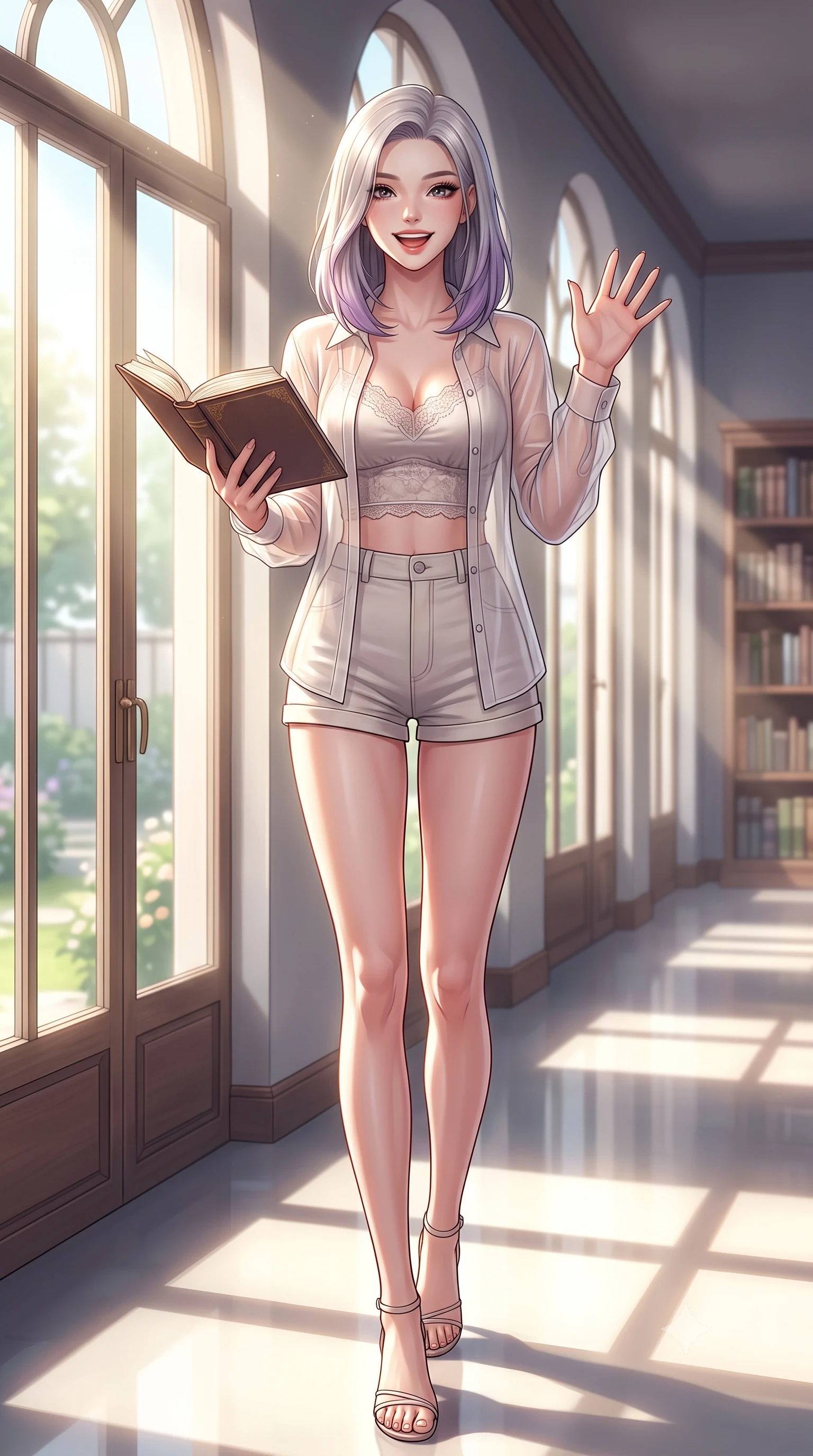 score_9, masterpiece, best quality, ultra-detailed, high-budget anime keyframe, editorial fashion photography, tasteful artistic composition, Caucasian woman. low angle full-body shot from head to toe showing her feet, filling the entire 9:16 vertical frame with her statuesque presence, stretching her vertical silhouette. stepping forward with a bright, cheerful smile, waving happily at the viewer set against a soft-focus background of in a quiet library corridor with glass panels showing a peaceful garden outside reading an open hardcover book with a happy, focused expression. She has an absolutely perfect, statuesque 8.5-heads proportion, an exceptionally tall and slender model-like female figure with impossibly long slender legs and an ultra-slim waist. sharp v-shaped jawline, high-bridge nose, intricate jewel-like eyes with depth, thick eyelashes, glossy lips with a natural sheen. wearing body-hugging sheer organza button-up shirt worn over a lace-accented crop top and high-waist mini shorts. bright morning sunbeams slicing through the tall arched windows. highly saturated vibrant anime colors, detailed shading with soft gradients, rich glossy textures, high-contrast stereoscopic depth, volumetric dynamic lighting, master piece, 9:16 ratio