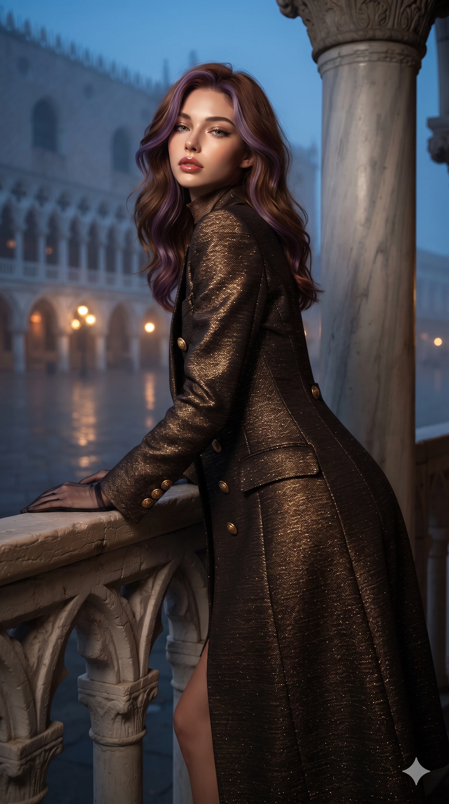 score_9, masterpiece, best quality, ultra-detailed, high-budget anime keyframe, editorial fashion photography, tasteful artistic composition, Caucasian woman. close-up cowboy shot from the waist and thighs up, the character dominates the composition, filling the frame with her large presence. leaning forward over the carved stone gothic balustrade, looking back with sleepy seductive bedroom-eyes as water reflections dance across her silhouette while leaning against a fluted marble column with hips cocked back, gazing through the misty piazza with intoxicating, smoldering bedroom-eyes. The surrounding environment is rendered in vivid detail and crisp panoramic clarity: intricate sheer vintage mesh beadwork, fine lace trims, and monumental Venetian Renaissance architecture in razor-sharp clarity. She has an exceptionally elegant, slender, and willowy female figure with an ultra-slim waist, flat toned midriff, narrow ribcage, and sculpted feminine hips creating an alluring, slim hourglass silhouette without bulk. sharp v-shaped jawline, high-bridge nose, intricate jewel-like sparkling eyes with depth, thick eyelashes, glossy parted lips with a natural sheen, intensely captivating and seductive bedroom-eyes expression, exuding both youthful cute charm and sovereign luxury allure, flawlessly proportioned anatomical accuracy, strict slender model proportions, natural body alignment, perfectly sculpted long slender limbs, ultra-slim waistline, clean dynamic posture without body distortion. wearing a structured Belle Époque cashmere opera greatcoat with polished brass crest buttons layered over a high-neck slip in dark espresso brown and molten gold foil, woven from high-density tech-wool with subtle metallic thread weave, complemented by sheer opera-length evening gloves tracing her slender arms, the impeccably tailored cut draping gracefully along her slender figure with aristocratic poise. bathed in the romantic atmospheric contrast of warm 2500K lantern glow beneath the arches and deep indigo twilight outside. ultra-reflective glossy finish, specular highlights, rich textural contrasts, high-contrast stereoscopic depth, volumetric dynamic lighting, 2k, ultra detail, master piece, 9:16 ratio