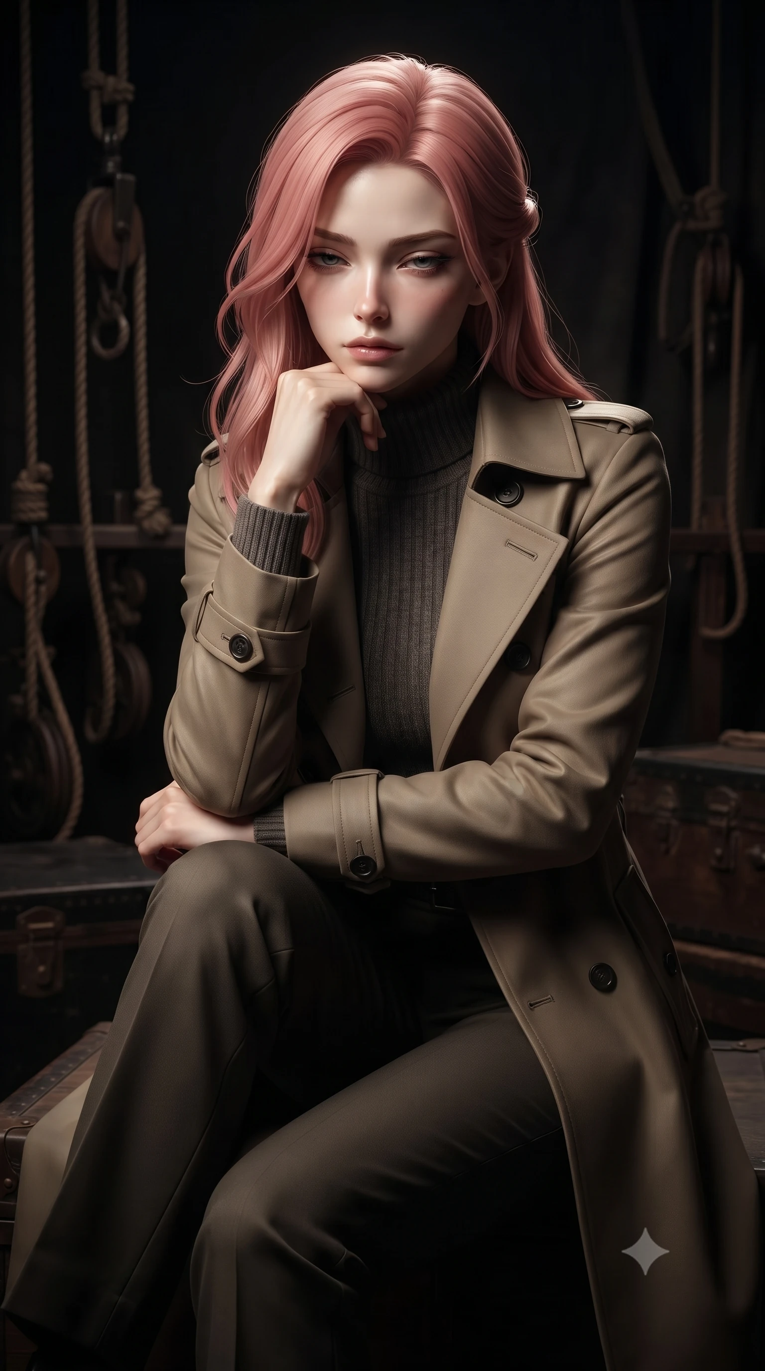 score_9, masterpiece, best quality, ultra-detailed, high-budget anime keyframe, editorial fashion photography, tasteful artistic composition, Japanese woman. close-up cowboy shot from the waist and thighs up, the character dominates the composition, filling the frame with her large presence, background elements kept in soft focus. resting her chin on the backs of her fingers, casting a heavy-lidded, sultry look past the camera the background shows a soft-focus a vintage stage wing with ropes, pulleys, and wooden trunks in the dark. She has an exceptionally elegant, slender, and willowy female figure with an ultra-slim waist, a gracefully sculpted slender torso, and a refined silhouette. sharp v-shaped jawline, high-bridge nose, intricate jewel-like eyes with depth, thick eyelashes, glossy lips with a natural sheen. wearing a form-contouring tailored trench coat in khaki cotton, worn closed over a high-neck dark grey knit sweater and trousers. dramatic chiaroscuro lighting focusing on her athletic, slender build. ultra-reflective glossy finish, specular highlights, metallic sheen, high-contrast stereoscopic depth, volumetric dynamic lighting, 2k, ultra detail, master piece, 9:16 ratio
