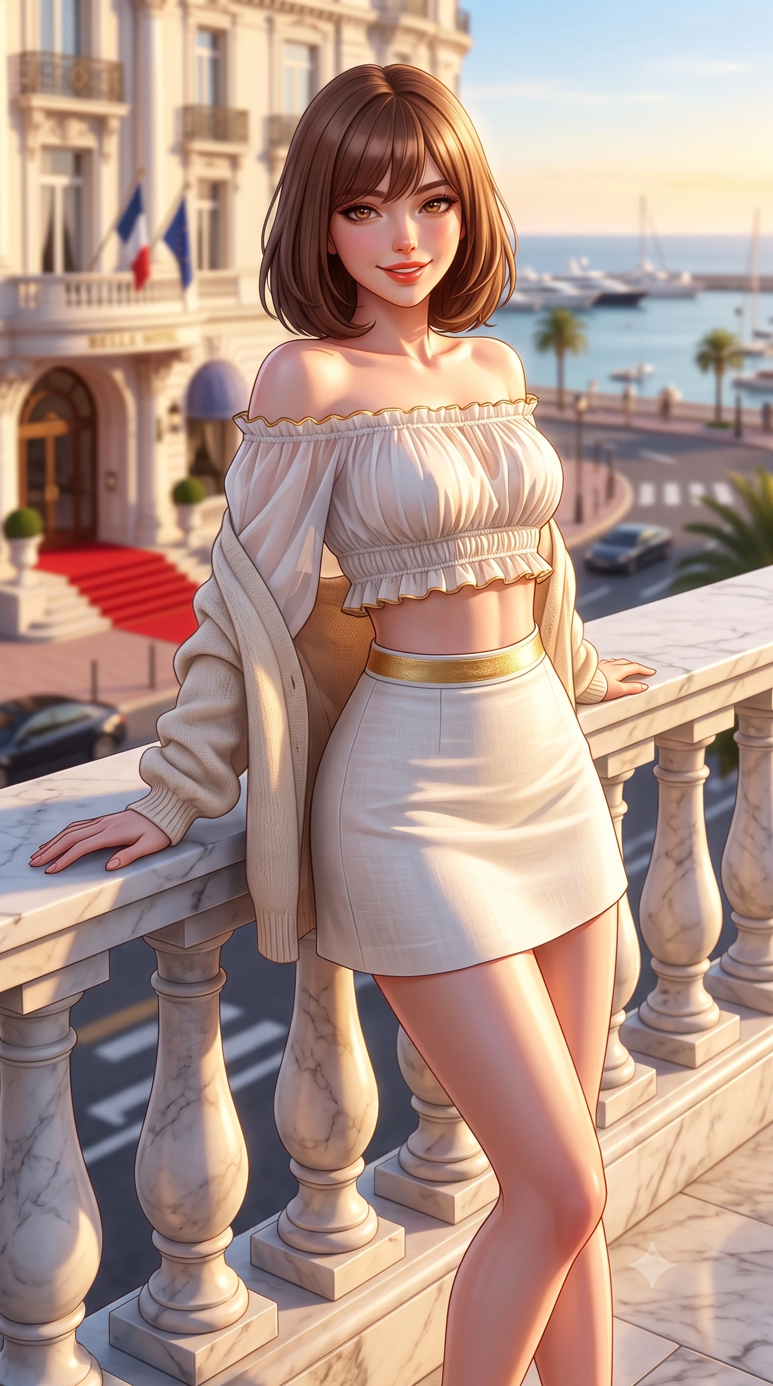 score_9, masterpiece, best quality, ultra-detailed, high-budget anime keyframe, semi-realistic 3D game render, editorial fashion photography, tasteful artistic composition, Caucasian woman. close-up cowboy shot from the waist and thighs up, the character dominates the composition, filling the frame with her large presence. leaning back against the sunlit marble railing with relaxed seductive grace, her flat midriff and narrow waist highlighted as golden hour light traces her curves while standing poised on the grand marble hotel terrace overlooking the Boulevard de la Croisette, arching her spine with festival-queen glamour. The composition keeps background elements in soft focus with dreamy creamy bokeh. the grand belle-époque palace hotel facade and red carpet entrance softened in prestigious Riviera shallow focus. She has an exceptionally elegant, slender, and willowy female figure with an ultra-slim waist, flat toned midriff, narrow ribcage, and sculpted feminine hips creating an alluring, slim hourglass silhouette without bulk. sharp v-shaped jawline, high-bridge nose, sparkling amber-hazel eyes with depth, long lush eyelashes, glossy sun-kissed lips with a warm coral glaze, radiant teasing smile with sensual sunlit bedroom-eyes, exuding effortless old-money elegance and intoxicating sun-drenched allure, flawlessly proportioned anatomical accuracy, strict slender model proportions, natural body alignment, perfectly sculpted long slender limbs, ultra-slim waistline, clean dynamic posture without body distortion. wearing a chic off-shoulder smocked crop blouse paired with a tight high-waisted linen A-line mini skirt emphasizing her curvy hips in pure alabaster white and molten gold accents, tailored from airy semi-sheer chiffon that flutters gently in the evening breeze, complemented by an oversized soft cashmere knit cardigan slipping off one bare shoulder, the liquid-tight tailored fabric clinging flawlessly to her narrow waist and rounded feminine hips, emphasizing every millimeter of her sculpted slim hourglass curves without any bulky heaviness. illuminated by grand marble terrace bounce and sharp platinum rim lights sculpting her razor-sharp jawline, narrow waist, and curvy hips. highly saturated vibrant anime colors, detailed shading with soft gradients, rich glossy textures, high-contrast stereoscopic depth, volumetric dynamic lighting, master piece, 9:16 ratio
