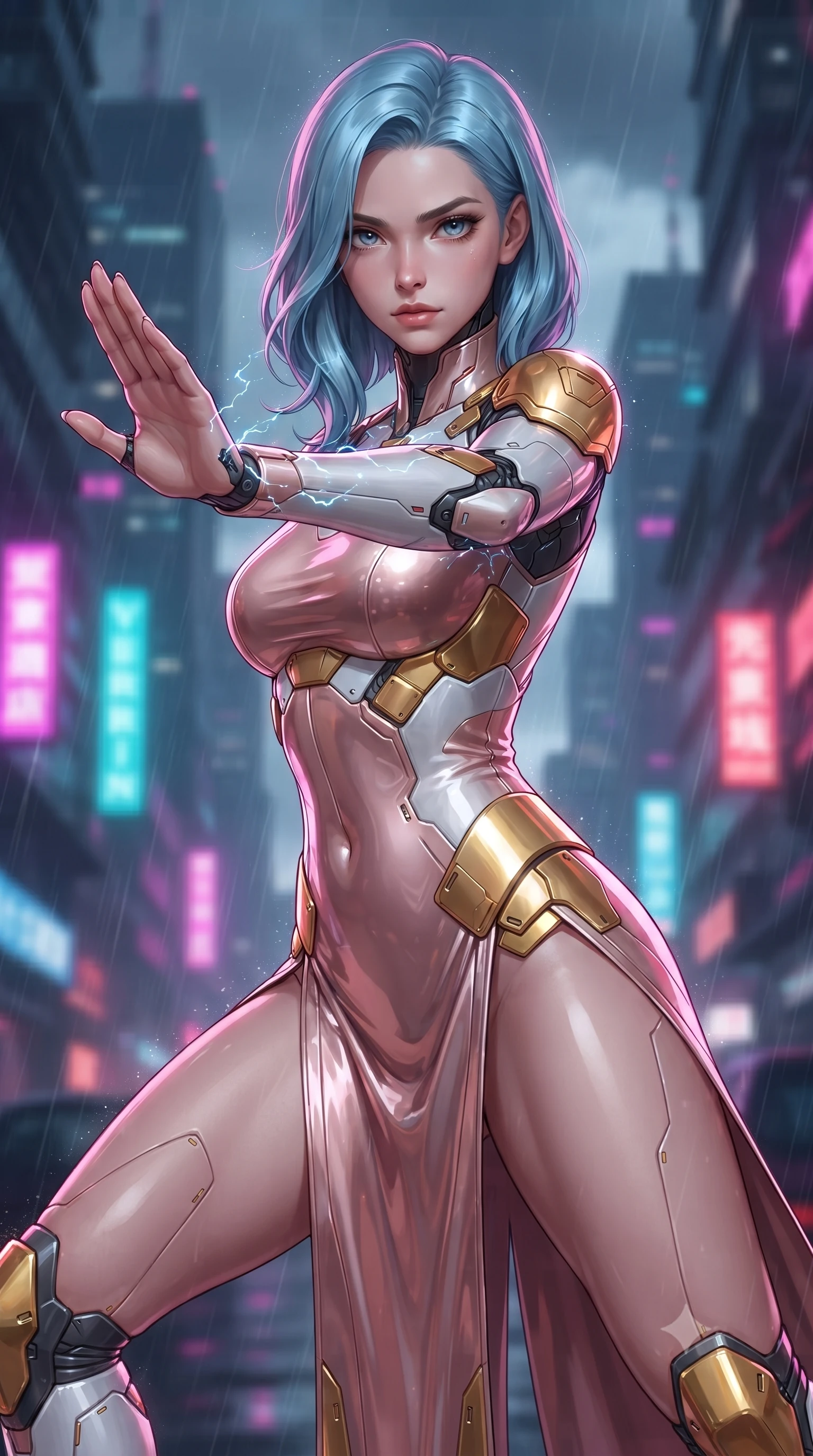 score_9, masterpiece, best quality, ultra-detailed, high-budget anime keyframe, editorial fashion photography, tasteful artistic composition, Korean woman. close-up cowboy shot from the waist and thighs up, the character dominates the composition, filling the frame with her large presence. twisting her upper body in a dynamic S-curve martial arts stance, cybernetic elbow dampers emitting subtle electric sparks as she aims a focused palm strike while standing triumphant at the skyscraper edge as the storm clouds part, looking directly into the camera with sovereign intensity. The composition keeps background elements in soft focus with creamy bokeh. swirling typhoon rain sheets and neon skyscraper spires blurred into dazzling magenta, cyan, and charcoal bokeh. She has an exceptionally elegant, slender, and willowy female figure with an ultra-slim waist, a gracefully sculpted slender torso, toned flat midriff, and a refined slim silhouette. sharp v-shaped jawline, high-bridge nose, intricate jewel-like eyes with depth, thick eyelashes, glossy lips with a natural sheen, flawlessly proportioned anatomical accuracy, strict slender model proportions, natural body alignment, perfectly sculpted long slender limbs, ultra-slim waistline, clean dynamic posture without body distortion. wearing a form-fitting luminous rose-gold carbon combat gown with tactical high leg slits and flexible kinetic knee articulation in arctic white carbon composite with radiant solar gold plating, formed from high-gloss patent carbon-plating with specular chiaroscuro reflections, finished with high-mobility flexible limb seams and miniature magnetic armor locks, the sleek second-skin cut tightly hugging her graceful clavicle, narrow waist, and feminine curves with athletic precision. surrounded by an electrifying, fierce, and passionately powerful martial valkyrie atmosphere. ultra-reflective glossy finish, specular highlights, dark metallic sheen, high-contrast stereoscopic depth, volumetric dynamic lighting, 2k, ultra detail, master piece, 9:16 ratio