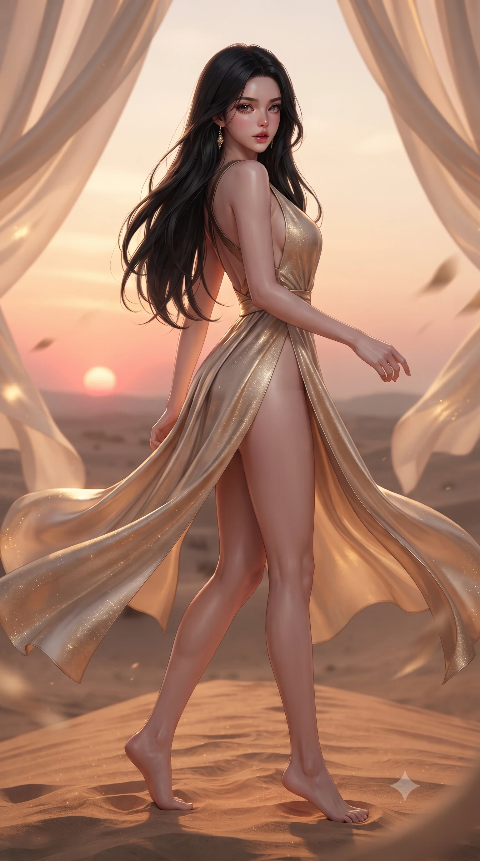 score_9, masterpiece, best quality, ultra-detailed, high-budget anime keyframe, editorial fashion photography, tasteful artistic composition, Korean woman. low angle full-body shot from head to toe showing her feet, filling the entire 9:16 vertical frame with her statuesque presence, stretching her vertical silhouette. executing an elegant mid-motion pivot turn as garments swirl around her slender limbs, glancing over her shoulder with an intoxicating bedroom-gaze while striding along the ridge of the desert sands, hips swaying in an alluring kinetic rhythm as the crimson sun sinks beneath the horizon. The composition keeps background elements in soft focus with creamy bokeh. billowing silk canopy drapes and rising desert heat haze softened in dreamy shallow focus. She has an absolutely perfect, statuesque 8.5-heads proportion, an exceptionally tall and slender model-like female figure with impossibly long slender legs, a toned flat midriff, an ultra-slim waist, and beautifully sculpted feminine hips. sharp v-shaped jawline, high-bridge nose, intricate jewel-like eyes with depth, thick eyelashes, glossy parted lips with a natural sheen, intensely captivating and seductive bedroom-eyes expression, flawlessly proportioned anatomical accuracy, strict slender model proportions, natural body alignment, perfectly sculpted long slender limbs, ultra-slim waistline, clean dynamic posture without body distortion. wearing a plunging-V neckline silk crepe gown with open side slits ascending to the high hip in radiant champagne and shimmering gold dust, crafted from second-skin supple lambskin leather with liquid drape, finished with criss-cross back straps highlighting her graceful shoulder blades, the second-skin form-contouring cut accentuating her sculpted flat midriff, narrow waistline, and dramatically curvy hips without adding bulk. surrounded by an exotic, sovereign, and breathlessly captivating desert mirage queen aura. ultra-reflective glossy finish, specular highlights, rich textural contrasts, high-contrast stereoscopic depth, volumetric dynamic lighting, 2k, ultra detail, master piece, 9:16 ratio