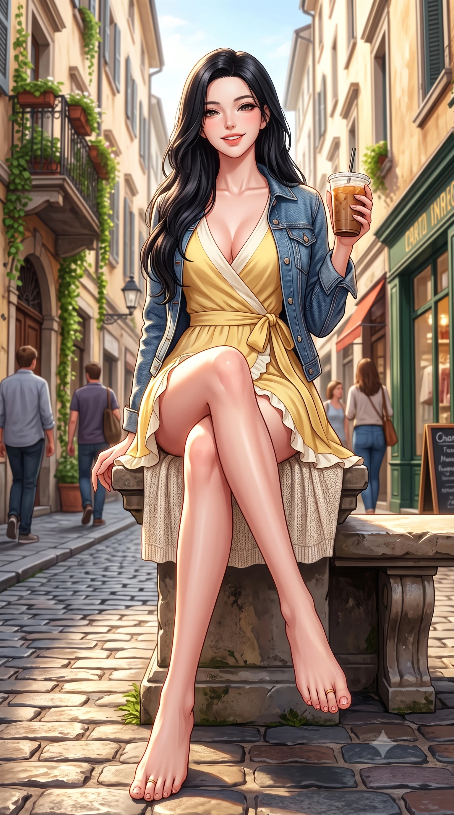 score_9, masterpiece, best quality, ultra-detailed, high-budget anime keyframe, semi-realistic 3D game render, editorial fashion photography, tasteful artistic composition, Korean woman. low angle full-body shot from head to toe showing her feet, filling the entire 9:16 vertical frame with her statuesque presence, stretching her vertical silhouette. sitting perched on the elevated edge with legs crossed and hips angled toward the camera, displaying her toned midriff and long slender limbs with a joyful, coquettish smile while walking down the lively cobblestone laneway with an iced coffee in hand, her form-contouring casual chic outfit accentuating her narrow waist and hips. The surrounding environment is rendered in vivid detail and crisp panoramic clarity. detailed denim jacket and knit skirt texture, morning sun glints on skin, and laneway architecture in high clarity. She has an exceptionally tall and slender model-like 8.5-heads proportion, an ultra-slim waist, a flat toned midriff, narrow delicate ribcage, and beautifully sculpted feminine hips creating a graceful, slim hourglass silhouette without any bulky heaviness, with impossibly long slender legs. sharp v-shaped jawline, high-bridge nose, intricate jewel-like sparkling eyes with depth, thick eyelashes, glossy parted lips with a natural peach sheen, bright cheerful beaming smile with an enchanting and coquettish sensual glint, exuding both youthful cute charm and seductive allure, flawlessly proportioned anatomical accuracy, strict slender model proportions, natural body alignment, perfectly sculpted long slender limbs, ultra-slim waistline, clean dynamic posture without body distortion. wearing a breezy wrap mini dress with a deep V-neckline and tie-waist accentuating her sculpted flat midriff and hips in bright butter yellow and fresh cream white, crafted from liquid-tight stretch jersey emphasizing every curve, finished with subtle ruffle trims and delicate pearl buttons, the precision-cut side openings and low-back scoop framing her graceful spine and the sensual sweep of her slim, toned hips. illuminated by warm street bounce light sharply defining her sculpted collarbones, ultra-slim waist, and curvy hips. highly saturated vibrant anime colors, detailed shading with soft gradients, rich glossy textures, high-contrast stereoscopic depth, volumetric dynamic lighting, master piece, 9:16 ratio