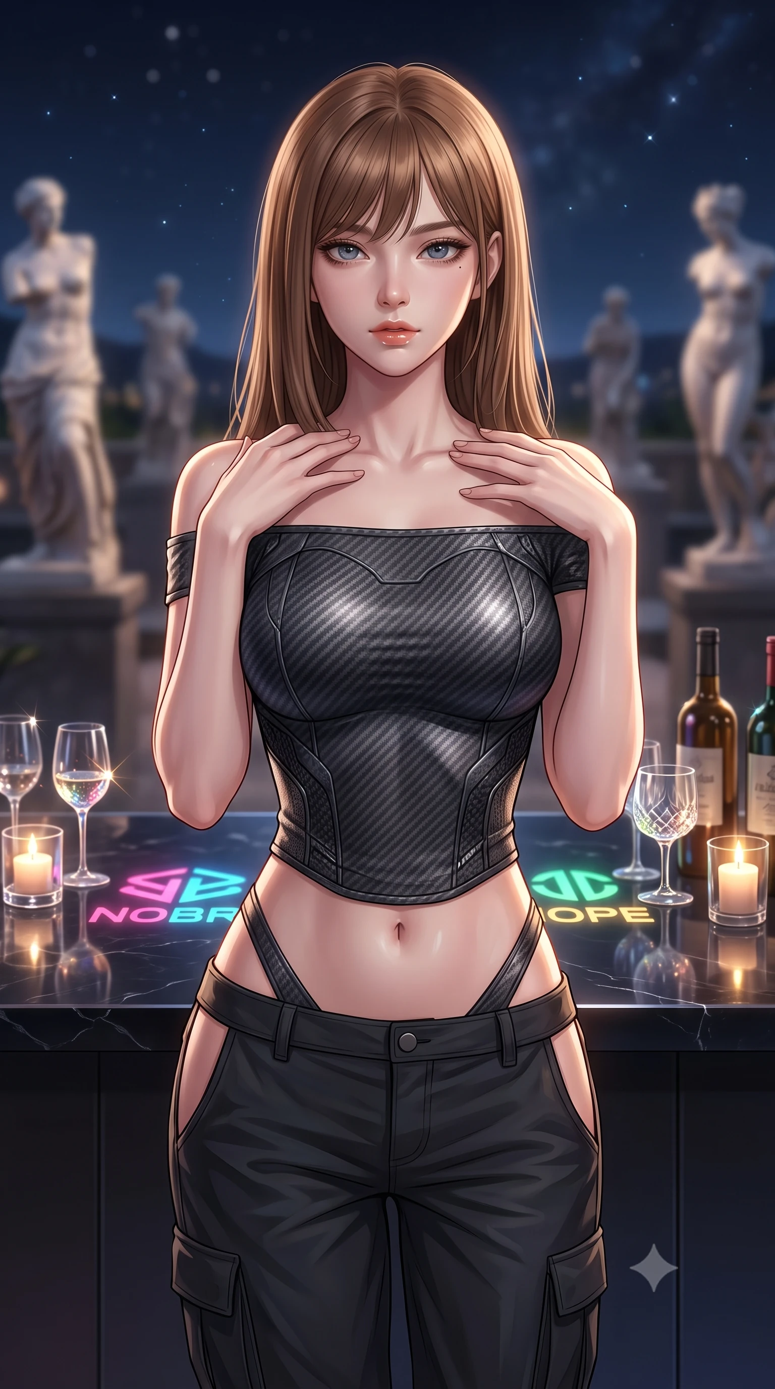 score_9, masterpiece, best quality, ultra-detailed, high-budget anime keyframe, editorial fashion photography, tasteful artistic composition, Korean woman. close-up cowboy shot from the waist and thighs up, the character dominates the composition, filling the frame with her large presence, background elements kept in soft focus. standing in a relaxed, elegant posture with both hands resting lightly on her collarbone, looking at the viewer with bedroom-eyes, the background shows a soft-focus a sculpture terrace bar with a polished obsidian counter reflecting neon logos. She has an exceptionally elegant, slender, and willowy female figure with an ultra-slim waist, a gracefully sculpted slender torso, and a refined silhouette. sharp v-shaped jawline, high-bridge nose, intricate jewel-like eyes with depth, thick eyelashes, glossy lips with a natural sheen. wearing a body-hugging off-shoulder carbon-fiber armor top paired with high-slit tactical cargo pants, showing her delicately sculpted midriff. soft starlight and warm candlelight refracting through crystal glasses. highly saturated vibrant anime colors, detailed shading with soft gradients, rich glossy textures, high-contrast stereoscopic depth, volumetric dynamic lighting, master piece, 9:16 ratio