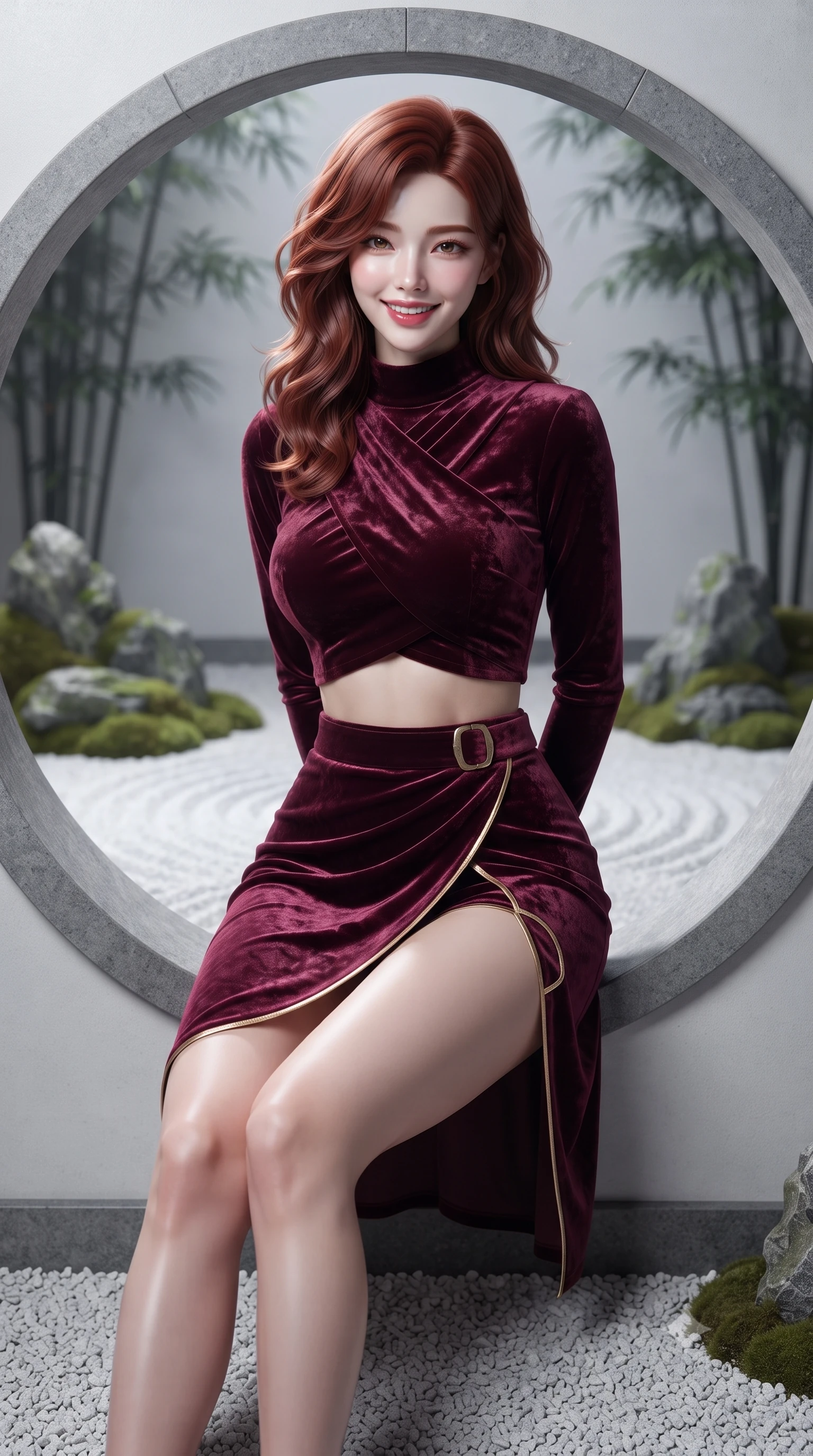 score_9, masterpiece, best quality, ultra-detailed, high-budget anime keyframe, editorial fashion photography, tasteful artistic composition, Korean woman. close-up cowboy shot from the waist and thighs up, the character dominates the composition, filling the frame with her large presence. resting both hands lightly behind her back while leaning toward the lens with a cheerful, teasing grin, her form-fitting fusion dress hugging her narrow waist and hip curve while sitting gracefully in the center of a large circular moon-gate stone opening, arching her lower back in an iconic silhouette against the garden. The background shows a soft-focus carefully raked white gravel wave patterns and moss-covered rock arrangements blurred into silver white, moss green, and slate bokeh. She has an exceptionally elegant, slender, and willowy female figure with an ultra-slim waist, flat toned midriff, narrow ribcage, and sculpted feminine hips creating an alluring, slim hourglass silhouette without bulk. sharp v-shaped jawline, high-bridge nose, intricate jewel-like dark sparkling almond eyes with depth, thick lashes, glossy parted lips with a natural rose-plum sheen, bright alluring and coquettish smile with bedroom-eyes, exuding both timeless oriental elegance and sovereign high-fashion allure, flawlessly proportioned anatomical accuracy, strict slender model proportions, natural body alignment, perfectly sculpted long slender limbs, ultra-slim waistline, clean dynamic posture without body distortion. wearing a sleek two-piece set featuring an asymmetric cross-over crop top and a wrap-around micro skirt tracing her hips in deep wine burgundy and brushed antique gold, crafted from sumptuous crushed winter velvet with deep light-absorbing plushness, finished with sharp laser-cut side hip slits framed by gold piping, the high-waisted wrap tailoring accentuating her ultra-slim waistline and the enchanting curve of her feminine hips with alluring oriental charm. illuminated by white gravel bounce fill and sharp crystalline platinum rim lighting sculpting her razor-sharp jawline, narrow waist, and curvy hips. ultra-reflective glossy finish, specular highlights, rich textural contrasts, high-contrast stereoscopic depth, volumetric dynamic lighting, 2k, ultra detail, master piece, 9:16 ratio