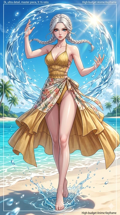 score_9, masterpiece, best quality, ultra-detailed, High-budget Anime Keyframe, beautiful Korean anime girl. Low angle cowboy shot filling the entire 9:16 frame with her overwhelming presence. Summoning a shield of water that reflects the sun on a tr