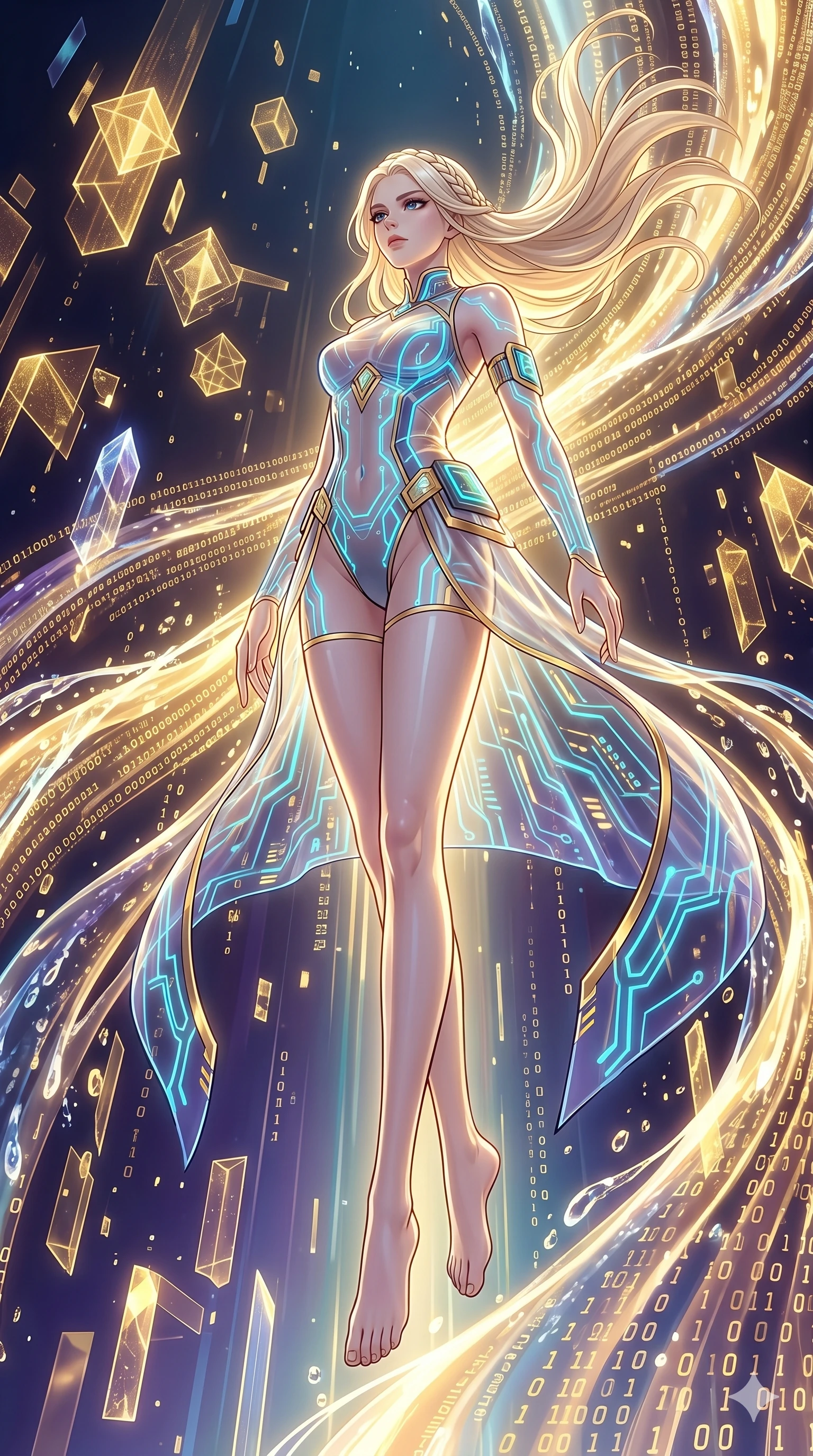 score_9, masterpiece, best quality, ultra-detailed, High-budget Anime Keyframe, vibrant colors, fluid line-art, expressive lighting, cinematic composition, Ufotable-style visual effects, top-tier animation quality, Caucasian woman with pale skin, blonde hair, and (strictly human ears). Wide-angle low shot emphasizing her impossibly long slender legs and commanding stature. Diving into a vast sea of digital code and liquid light, her form becoming one with the stream of information. She has an absolutely perfect 8-heads proportion, an exceptionally tall and slender female figure with impossibly long slender legs and an ultra-slim waist, her statuesque height and towering silhouette dominating the vertical 9:16 frame. Her face is a masterpiece featuring a sharp v-shaped jawline, high-bridge nose, intricate jewel-like eyes with depth, thick eyelashes, and glossy lips with a natural sheen. She is wearing a Transparent mini-dress with glowing internal circuits and a high-cut structural leotard crafted from Sheer silk that is almost transparent, flowing like water around her statuesque frame, with integrated neon-lit tactical gear and suggestive cutouts on the thighs. The scene is set in an abstract digital void with floating golden geometric shapes and rivers of flowing code, illuminated by cinematic lighting with dramatic rim light that highlights her slender silhouette. 2k, ultra detail, master piece, 9:16 ratio