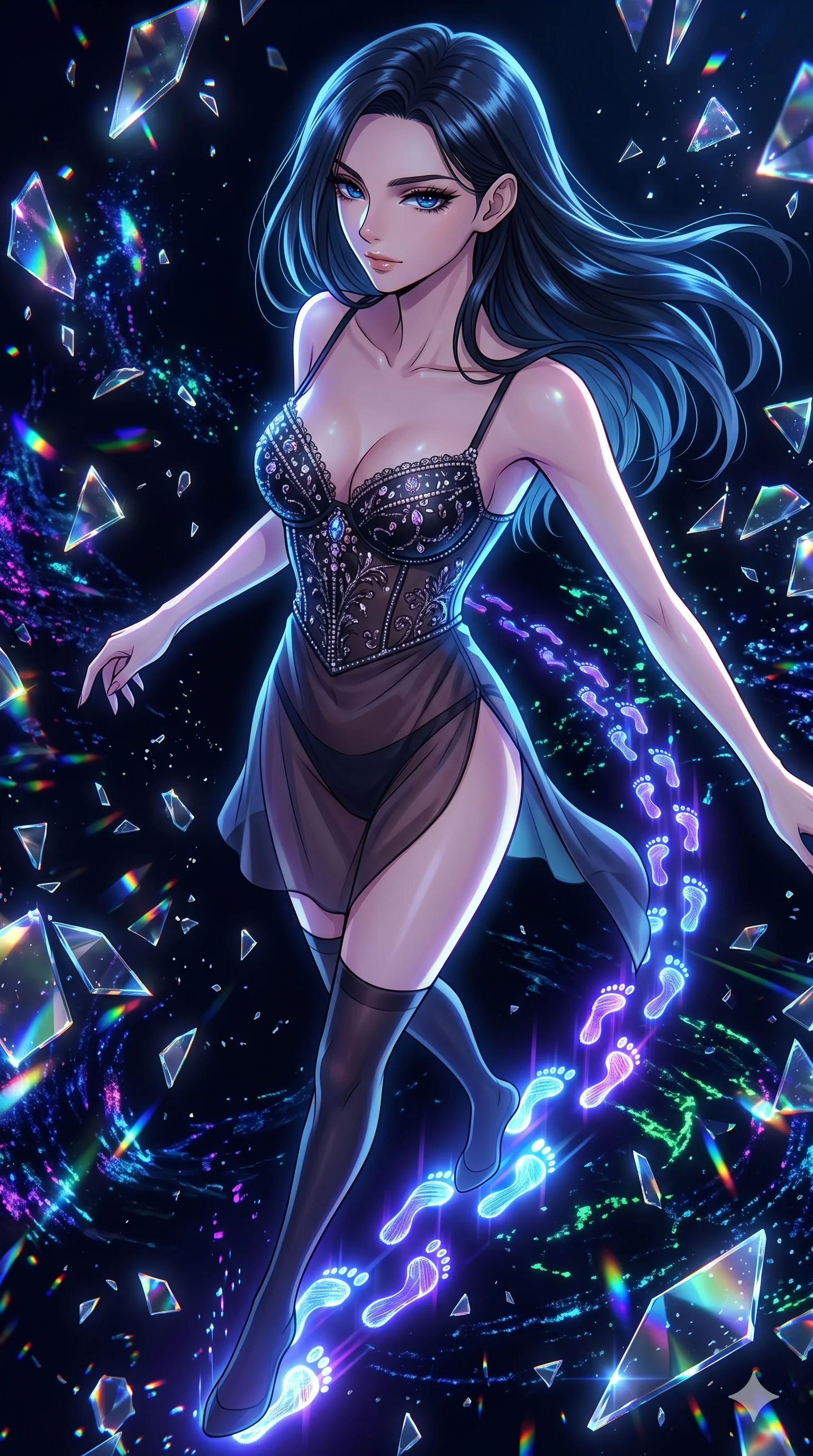 score_9, masterpiece, best quality, ultra-detailed, Set A: High-budget Anime Keyframe, Caucasian (strictly human ears) woman. Upper body close-up from the thighs up, character filling the screen for maximum presence. Sliding through a virtual reality void, as she leaves a trail of 158 glowing footprints and surrounded by shattered glass fragments. She has an absolutely perfect 8-heads proportion, an exceptionally tall and slender female figure with impossibly long slender legs and an ultra-slim waist. Sharp v-shaped jawline, high-bridge nose, intricate jewel-like eyes with depth, thick eyelashes, glossy lips with a natural sheen. Wearing Intricate jewel-encrusted corset over a sheer silk slip with high-cut leg line. Cinematic lighting, vibrant colors, dramatic shadows, 2k, ultra detail, master piece, 9:16 ratio