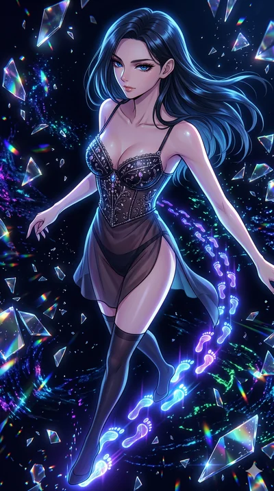 score_9, masterpiece, best quality, ultra-detailed, Set A: High-budget Anime Keyframe, Caucasian (strictly human ears) woman. Upper body close-up from the thighs up, character filling the screen for maximum presence. Sliding through a virtual reality