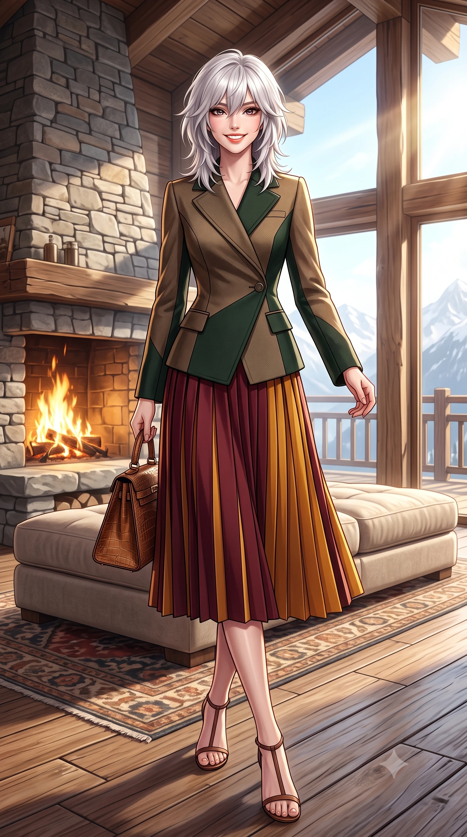 score_9, masterpiece, best quality, ultra-detailed, high-budget anime keyframe, semi-realistic 3D game render, editorial fashion photography, tasteful artistic composition, Japanese woman. low angle full-body shot from head to toe showing her feet, filling the entire 9:16 vertical frame with her statuesque presence, stretching her vertical silhouette. walking briskly with tall supermodel strides, one hand holding her leather bag and the other swinging with energetic charm while sitting gracefully on an oversized cashmere-upholstered banquette near the stone hearth, holding a glass of spiced cider with cozy luxury charm. The surrounding environment is rendered in vivid detail and crisp panoramic clarity: detailed chunky fisherman cable-knit sweater texture, brushed wool flannel slacks, and alpine lodge architecture in razor-sharp precision. She has an exceptionally tall and slender model-like 8.5-heads proportion, an ultra-slim waist, a flat toned midriff, narrow delicate ribcage, and beautifully sculpted feminine hips creating a graceful, slim hourglass silhouette without any bulky heaviness, with impossibly long slender legs. sharp v-shaped jawline, high-bridge nose, intricate jewel-like sparkling eyes with depth, thick eyelashes, glossy parted lips with a natural peach sheen, bright cheerful beaming smile with an enchanting and coquettish sensual glint, exuding both youthful cute charm and seductive allure, flawlessly proportioned anatomical accuracy, strict slender model proportions, natural body alignment, perfectly sculpted long slender limbs, ultra-slim waistline, clean dynamic posture without body distortion. wearing an asymmetrical-wrap tailored wool jacket with clean geometric lines paired with a structured pleated maxi skirt in rich Oxford burgundy and golden amber, tailored from fine wool gabardine with crisp permanent pleats and sharp drape, finished with a structured leather top-handle mini bag resting gracefully at her side, the expertly draped wool fabric falling in crisp fluid lines along her tall 8.5-heads silhouette, celebrating her slender frame without excess fabric bulk. bathed in the dramatic high-altitude Swiss mountain sunlight streaming through panoramic windows mixed with golden hearth firelight. highly saturated vibrant anime colors, detailed shading with soft gradients, rich glossy textures, high-contrast stereoscopic depth, volumetric dynamic lighting, master piece, 9:16 ratio