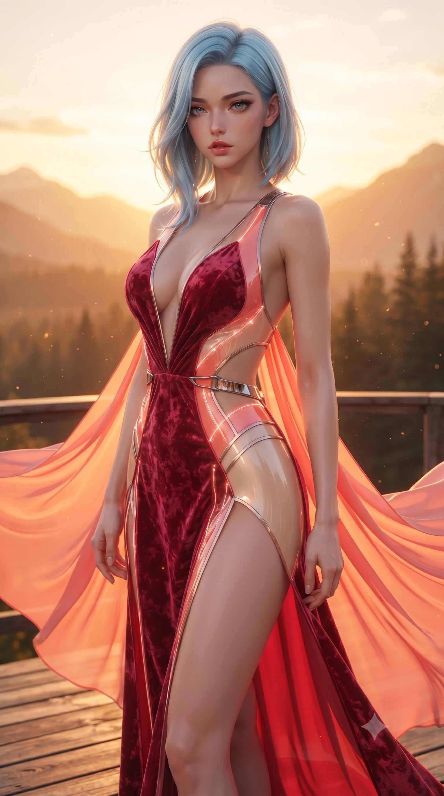 score_9, masterpiece, best quality, ultra-detailed, high-budget anime keyframe, editorial fashion photography, tasteful artistic composition, Korean woman. close-up cowboy shot from the waist and thighs up, the character dominates the composition, filling the frame with her large presence. casting a slow, smoldering gaze beneath heavy lashes with parted glossy lips, her head slightly tilted in captivating self-assurance while standing with sovereign grace on a teak viewing deck as golden evening winds billow her sheer chiffon drapes against the sunset. The composition keeps background elements in soft focus with creamy bokeh. warm golden hour dust motes scattering radiant sunset glow across a breathtaking wilderness backdrop. She has an exceptionally elegant, slender, and willowy female figure with an ultra-slim waist, a gracefully sculpted slender torso, toned flat midriff, and a refined slim silhouette. sharp v-shaped jawline, high-bridge nose, intricate jewel-like eyes with depth, thick eyelashes, glossy lips with a natural sheen, flawlessly proportioned anatomical accuracy, strict slender model proportions, natural body alignment, perfectly sculpted long slender limbs, ultra-slim waistline, clean dynamic posture without body distortion. wearing a backless crimson crushed velvet gown with a deep plunging V-neckline, strategic hip cutouts, and an ultra-high thigh slit in radiant coral pink and champagne ivory, tailored from semi-translucent cybernetic vinyl with glowing micro-filaments, reinforced by a sleek metallic chrome harness and delicate glowing micro-straps, the liquid-tight tailored fabric emphasizing every curve of her tall, slender model proportions and sculptured silhouette during dynamic movement. illuminated by crisp golden rim highlights sharply defining her ultra-slim waist, long legs, and flat midriff. ultra-reflective glossy finish, specular highlights, metallic sheen, high-contrast stereoscopic depth, volumetric dynamic lighting, 2k, ultra detail, master piece, 9:16 ratio