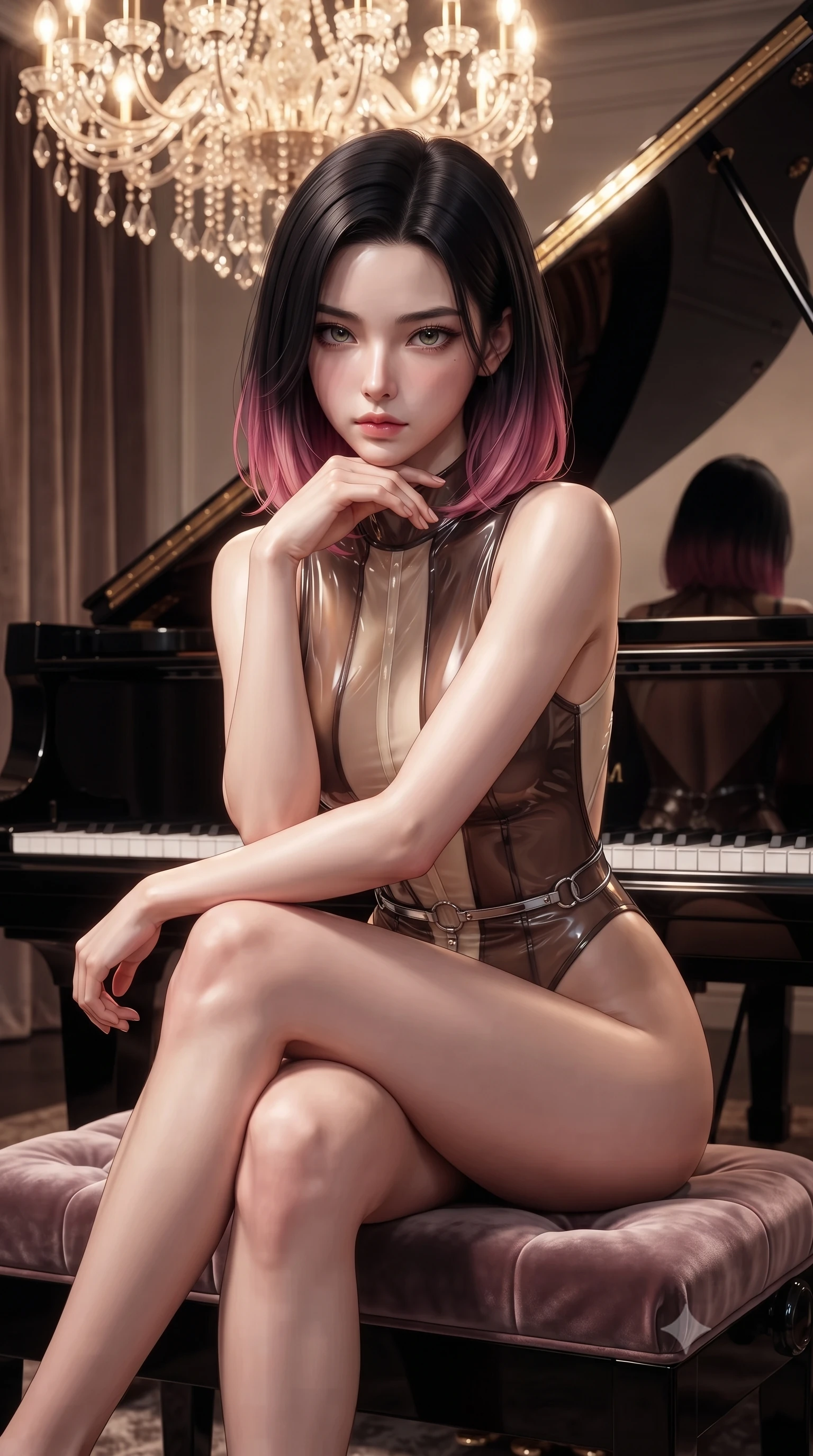 score_9, masterpiece, best quality, ultra-detailed, high-budget anime keyframe, editorial fashion photography, tasteful artistic composition, Korean woman. close-up cowboy shot from the waist and thighs up, the character dominates the composition, filling the frame with her large presence, background elements kept in soft focus. Resting her chin on the backs of her fingers, casting a sharp, mysterious gaze sitting gracefully on a velvet piano bench under a majestic chandelier glow, ultra-glossy ebony piano lacquer reflecting the spotlight and her silhouette. She has an exceptionally elegant, slender, and willowy female figure with an ultra-slim waist, a gracefully sculpted slender torso, and a refined silhouette. sharp v-shaped jawline, high-bridge nose, intricate jewel-like eyes with depth, thick eyelashes, glossy lips with a natural sheen. wearing a high-cut translucent vinyl leotard with front paneling and open back in espresso brown and warm cream, crafted from iridescent chiffon that shifts colors in the light, accented with delicate chrome ring hardware framing her waist, the form-contouring material highlighting her ultra-slim waist and long lines. illuminated by warm chandelier glow reflecting off polished black wood. ultra-reflective glossy finish, specular highlights, metallic sheen, high-contrast stereoscopic depth, volumetric dynamic lighting, 2k, ultra detail, master piece, 9:16 ratio