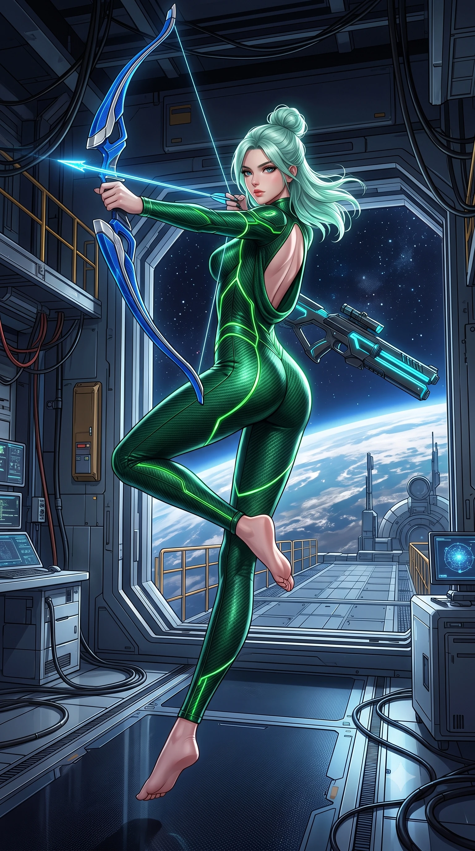 score_9, masterpiece, best quality, ultra-detailed, high-budget anime keyframe, semi-realistic 3D game render, editorial fashion photography, tasteful artistic composition, Japanese woman. low angle full-body shot from head to toe showing her feet, filling the entire 9:16 vertical frame with her statuesque presence, stretching her vertical silhouette. performing an alluring mid-air combat landing with flawless poise, looking directly into the camera with regal, deadly intensity while standing poised near the massive open airlock of a zero-gravity orbital hangar while aiming a sleek carbon railgun rifle toward the cosmos. The surrounding environment is rendered in vivid detail and crisp panoramic clarity. dramatic space chiaroscuro and grand orbital engineering captured with environmental precision. She has an absolutely perfect, statuesque 8.5-heads proportion, an exceptionally tall and slender model-like female figure with impossibly long slender legs, a toned flat midriff, and an ultra-slim waist. sharp v-shaped jawline, high-bridge nose, intricate jewel-like eyes with depth, thick eyelashes, glossy lips with a natural sheen, flawlessly proportioned anatomical accuracy, strict slender model proportions, natural body alignment, perfectly sculpted long slender limbs, ultra-slim waistline, clean dynamic posture without body distortion. wearing a tailored emerald-green carbon-fiber tactical jumpsuit with glowing lime LED channels and an open cowl back, drawing a floating holographic photon energy bow with supreme grace in electric cobalt blue carbon with polished platinum trim, crafted from ultra-strong woven carbon-fiber composite with a satin luster, featuring a sleek aerodynamic collar framed by subtle glowing cybernetic status LEDs, the glove-like aerodynamic second-skin fit tightly clinging to her ultra-slender waist and athletic curves without adding bulk, accentuating her razor-sharp statuesque lines and slim hourglass silhouette. illuminated by glowing cyan rifle charging lights and sharp specular highlights tracing her slender curves. rich saturated anime colors with glowing neon highlights, detailed shading with soft gradients, rich glossy textures, high-contrast stereoscopic depth, volumetric dynamic lighting, master piece, 9:16 ratio