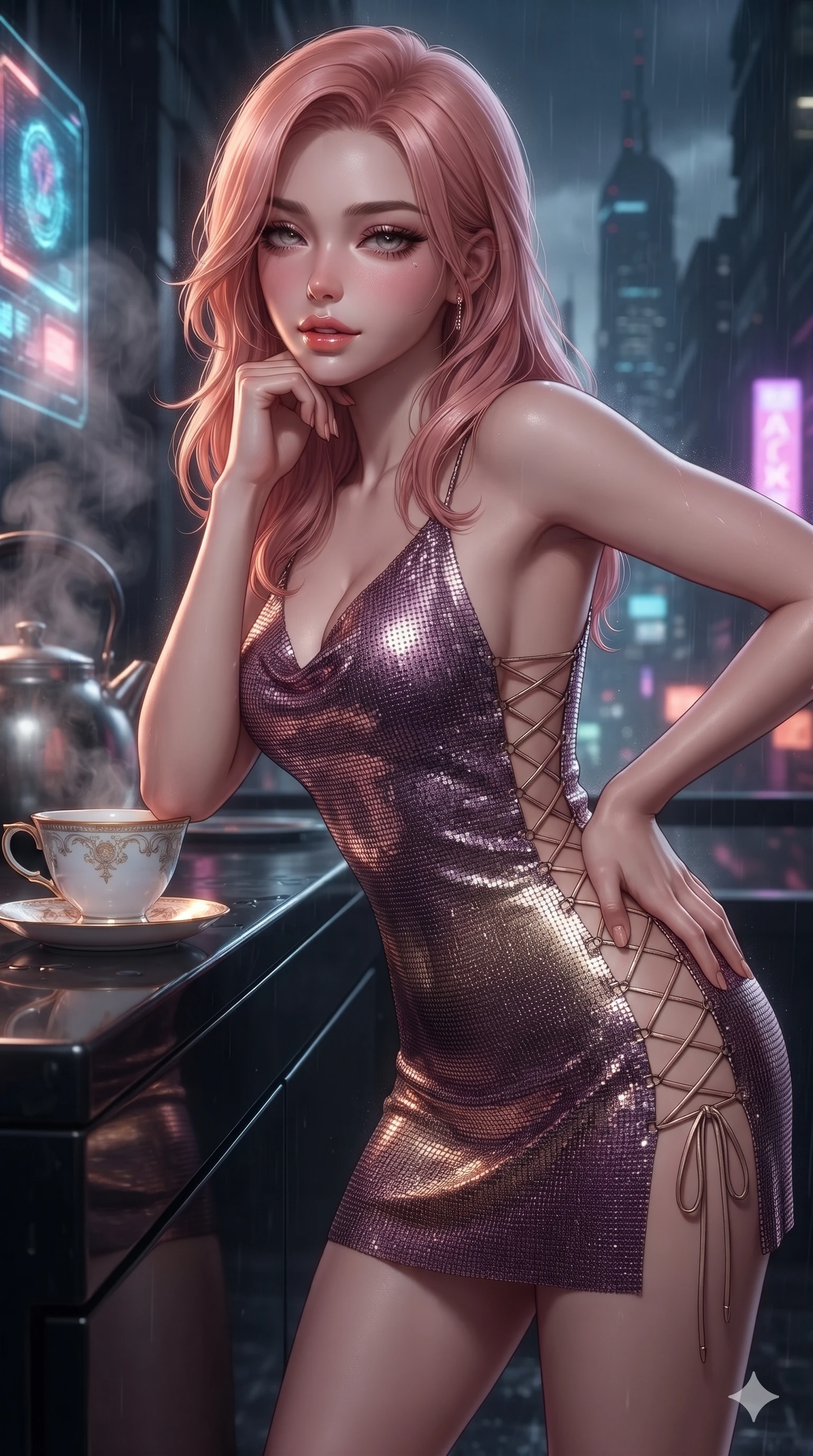 score_9, masterpiece, best quality, ultra-detailed, high-budget anime keyframe, editorial fashion photography, tasteful artistic composition, Japanese woman. close-up cowboy shot from the waist and thighs up, the character dominates the composition, filling the frame with her large presence. resting one elbow on the acrylic tub ledge and supporting her chin, leaning close to the camera with heavy-lidded sparkling eyes and parted lips while twisting her slender torso in an alluring contrapposto stance, one hand resting on her sculpted hip while fingers trace the rim of a porcelain cup. The background shows a soft-focus swirling tea kettle steam, glossy black lacquer reflections, and rain-drenched cybernetic skyscraper spires softened into moody neo-noir bokeh. She has an exceptionally elegant, slender, and willowy female figure with an ultra-slim waist, flat toned midriff, narrow ribcage, and sculpted feminine hips creating an alluring, slim hourglass silhouette without bulk. sharp v-shaped jawline, high-bridge nose, sparkling eyes with hypnotic seductive depth, thick curled eyelashes, glossy parted lips with a natural dewy peach sheen, alluring bedroom-eyes with an enchanting coquettish smile, exuding magnetic siren charisma and sophisticated glamour, flawlessly proportioned anatomical accuracy, strict slender model proportions, natural body alignment, perfectly sculpted long slender limbs, ultra-slim waistline, clean dynamic posture without body distortion. wearing a liquid metallic latex strapless micro dress with side lattice lace-up ties revealing her hip curves in frosted plum violet and brushed champagne gold, crafted from shimmering fluid chainmail mesh reflecting ambient lights, featuring fine criss-cross lace-up side ties revealing tantalizing glimpses of her hip curve, the daring body-contouring tailoring highlighting her flat toned midriff and statuesque model curves with effortless magnetic allure. bathed in moody chiaroscuro lighting spilling from glowing holographic displays and exterior city neon. ultra-reflective glossy finish, specular highlights, rich textural contrasts, high-contrast stereoscopic depth, volumetric dynamic lighting, 2k, ultra detail, master piece, 9:16 ratio