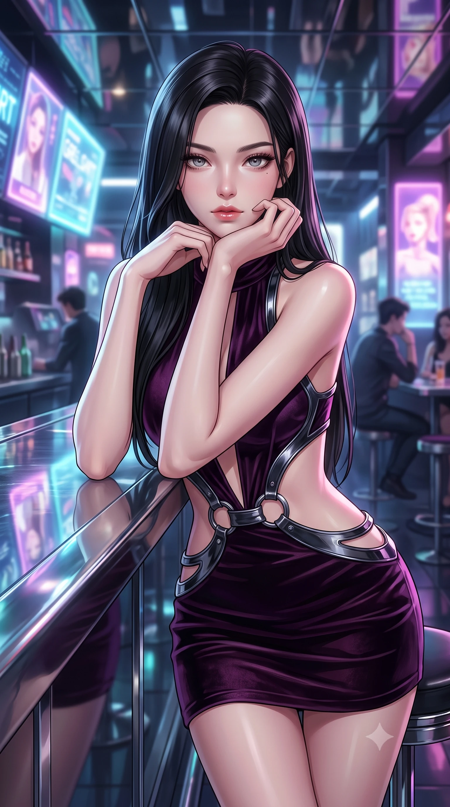 score_9, masterpiece, best quality, ultra-detailed, high-budget anime keyframe, editorial fashion photography, tasteful artistic composition, Korean woman. close-up cowboy shot from the waist and thighs up, the character dominates the composition, filling the frame with her large presence, background elements kept in soft focus. Resting her chin on the backs of her fingers with an air of effortless superiority, resting against a polished chrome bar counter reflecting neon neon reflections, chic urban cyberpunk allure with intense visual presence. She has an exceptionally elegant, slender, and willowy female figure with an ultra-slim waist, a gracefully sculpted slender torso, and a refined silhouette. sharp v-shaped jawline, high-bridge nose, intricate jewel-like eyes with depth, thick eyelashes, glossy lips with a natural sheen. wearing dramatic architectural open-waist cutout mini dress in dark velvet framed by chrome hardware in dark plum violet, made of sculpted obsidian metallic chrome, accented with sculpted obsidian chrome rings at the waist, highlighting her statuesque proportions and ultra-slim waistline. bathed in high-contrast specular reflections from mirror ceilings. highly saturated vibrant anime colors, detailed shading with soft gradients, rich glossy textures, high-contrast stereoscopic depth, volumetric dynamic lighting, master piece, 9:16 ratio