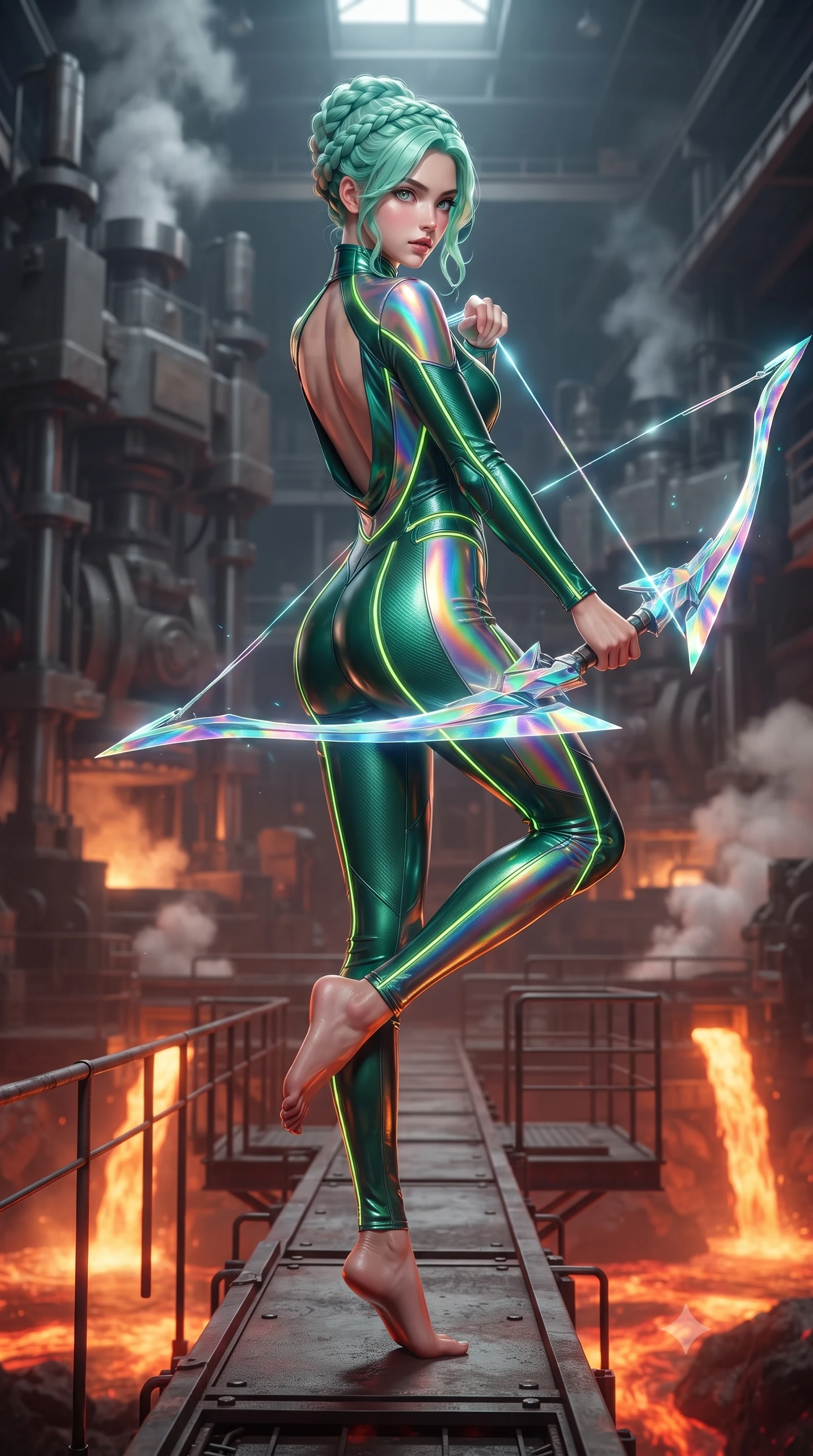 score_9, masterpiece, best quality, ultra-detailed, high-budget anime keyframe, editorial fashion photography, tasteful artistic composition, Japanese woman. low angle full-body shot from head to toe showing her feet, filling the entire 9:16 vertical frame with her statuesque presence, stretching her vertical silhouette. pivoting dynamically in mid-motion with a breathtakingly alluring posture, displaying her flawless model proportions, toned flat midriff, and ultra-slim waist while standing poised on a suspended iron gantry above rivers of glowing geothermal magma while wielding a curved plasma scythe. The composition keeps background elements in soft focus with creamy bokeh. massive industrial forge hydraulic presses and steam vents softened in atmospheric shallow focus. She has an absolutely perfect, statuesque 8.5-heads proportion, an exceptionally tall and slender model-like female figure with impossibly long slender legs, a toned flat midriff, and an ultra-slim waist. sharp v-shaped jawline, high-bridge nose, intricate jewel-like eyes with depth, thick eyelashes, glossy lips with a natural sheen, flawlessly proportioned anatomical accuracy, strict slender model proportions, natural body alignment, perfectly sculpted long slender limbs, ultra-slim waistline, clean dynamic posture without body distortion. wearing a tailored emerald-green carbon-fiber tactical jumpsuit with glowing lime LED channels and an open cowl back, drawing a floating holographic photon energy bow with supreme grace in high-gloss iridescent rainbow carbon with prism holographic sheen, made of lightweight aerodynamic carbon-titanium alloy with polished edge bevels, finished with high-mobility articulation joints and miniature magnetic armor locks, the glove-like aerodynamic second-skin fit tightly clinging to her ultra-slender waist and athletic curves without adding bulk, accentuating her razor-sharp statuesque lines and slim hourglass silhouette. bathed in blazing orange magma uplights and intense molten plasma scythe glow. ultra-reflective glossy finish, specular highlights, dark metallic sheen, high-contrast stereoscopic depth, volumetric dynamic lighting, 2k, ultra detail, master piece, 9:16 ratio