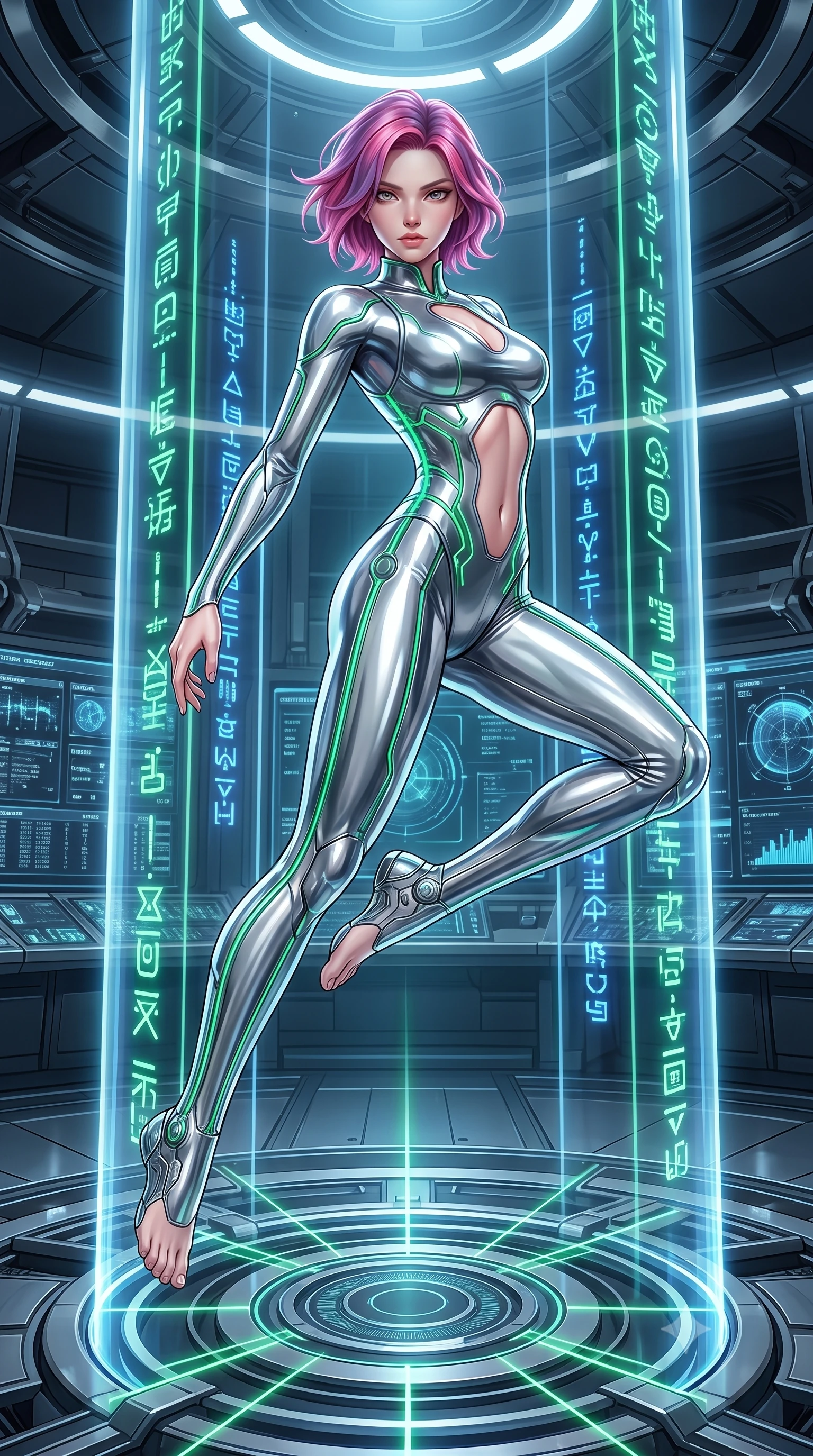 score_9, masterpiece, best quality, ultra-detailed, high-budget anime keyframe, editorial fashion photography, tasteful artistic composition, Caucasian woman. low angle full-body shot from head to toe showing her feet, filling the entire 9:16 vertical frame with her statuesque presence, stretching her vertical silhouette. performing an alluring mid-air vault with flawless poise, looking directly into the camera with regal, divine intensity while pausing at the center of a circular laser nexus as vertical light pillars project glowing cybernetic glyphs around her. The surrounding environment is rendered in vivid detail and crisp panoramic clarity. high-contrast minimalist chiaroscuro and cutting-edge cybernetic precision rendered with sharpness. She has an absolutely perfect, statuesque 8.5-heads proportion, an exceptionally tall and slender model-like female figure with impossibly long slender legs, a toned flat midriff, and an ultra-slim waist. sharp v-shaped jawline, high-bridge nose, intricate jewel-like eyes with depth, thick eyelashes, glossy lips with a natural sheen, flawlessly proportioned anatomical accuracy, strict slender model proportions, natural body alignment, perfectly sculpted long slender limbs, ultra-slim waistline, clean dynamic posture without body distortion. wearing an ultra-sleek aerodynamic tech-jumpsuit sculpted tightly to her figure, accented with glowing fiber-optic spine lines in radiant emerald green circuit lines and polished silver sheen, crafted from ultra-reflective second-skin liquid metal with a mirror-like polish, featuring a sleek aerodynamic collar framed by subtle glowing cybernetic accents, the precision-cut daring openings accentuating her delicate midriff, graceful bare collarbones, and ultra-slim feminine waistline. surrounded by an ultra-chic, commanding, and fiercely magnetic cyber-sovereign atmosphere. ultra-reflective glossy finish, specular highlights, dark metallic sheen, high-contrast stereoscopic depth, volumetric dynamic lighting, 2k, ultra detail, master piece, 9:16 ratio