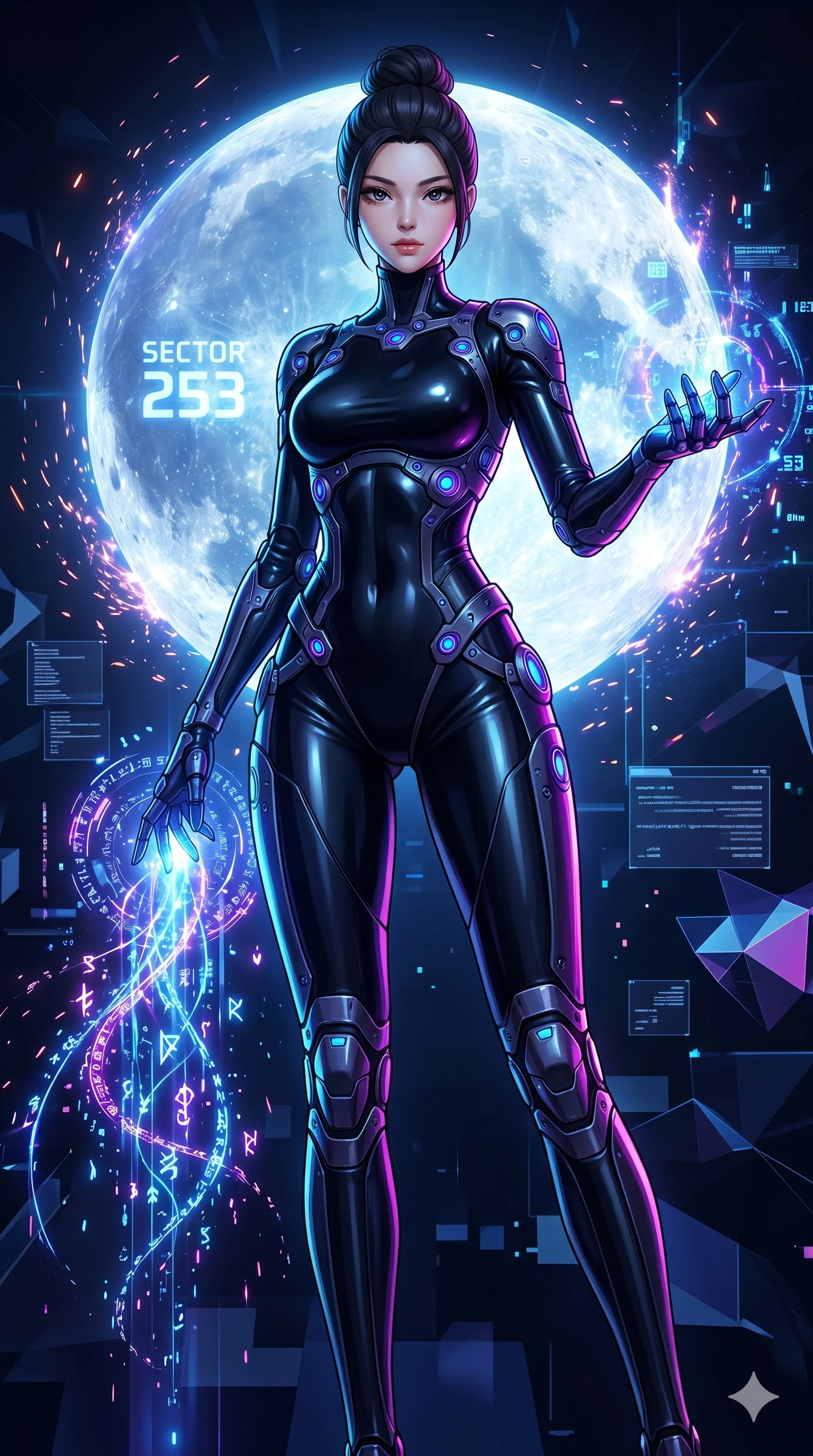 score_9, masterpiece, best quality, ultra-detailed, Set A: High-budget Anime Keyframe, Korean woman. Low angle cowboy shot filling the entire 9:16 frame with her statuesque presence. Casting a spell through a virtual reality void, with a massive holographic moon rising behind her marked as sector 253 and surrounded by glowing energy sparks. She has an absolutely perfect 8-heads proportion, an exceptionally tall and slender female figure with impossibly long slender legs and an ultra-slim waist. Sharp v-shaped jawline, high-bridge nose, intricate jewel-like eyes with depth, thick eyelashes, glossy lips with a natural sheen. Wearing Cybernetic exoskeleton frame over a sleek skin-tight latex suit with glowing ports. Cinematic lighting, vibrant colors, dramatic shadows, 2k, ultra detail, master piece, 9:16 ratio