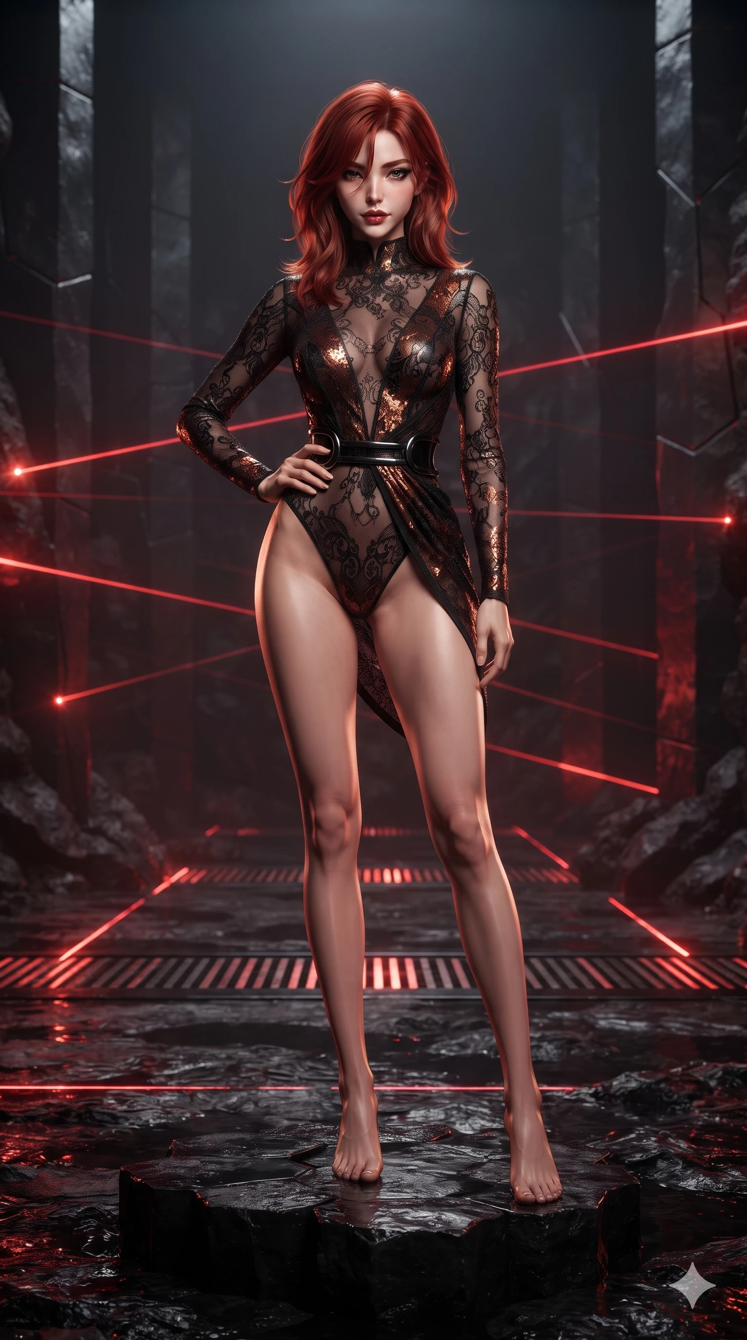score_9, masterpiece, best quality, ultra-detailed, high-budget anime keyframe, editorial fashion photography, tasteful artistic composition, Korean woman. low angle full-body shot from head to toe showing her feet, filling the entire 9:16 vertical frame with her statuesque presence, stretching her vertical silhouette. poised on the dark reflective floor while laser grids scan the room, her statuesque silhouette commanding the frame while standing tall atop a stepped basalt hexagonal column, one hand on her hip as she looks into the lens with smoldering, dangerous intensity. The surrounding environment is rendered in vivid detail and crisp panoramic clarity: sharp hexagonal column joint seams, natural volcanic rock micro-textures, and glowing floor grille lines in deep focus. She has an absolutely perfect, statuesque 8.5-heads proportion, an exceptionally tall and slender model-like female figure with impossibly long slender legs, an ultra-slim waist, a flat toned midriff, narrow delicate ribcage, and beautifully sculpted feminine hips creating a graceful, slim hourglass silhouette without any bulky heaviness. sharp v-shaped jawline, high-bridge nose, intricate jewel-like dark sparkling eyes with hypnotic seductive depth, thick curled eyelashes, glossy parted lips with a natural wine sheen, alluring bedroom-eyes with an enigmatic smoldering smile, exuding magnetic sovereign charisma and dark avant-garde glamour, flawlessly proportioned anatomical accuracy, strict slender model proportions, natural body alignment, perfectly sculpted long slender limbs, ultra-slim waistline, clean dynamic posture without body distortion. wearing a provocative sheer-illusion nanotech lace bodysuit with strategic metallic foil flocking and high-cut leg openings in dark burnt copper and matte black, woven from matte carbon-fiber weave with high-tech structural hold, accented with sculpted obsidian chrome rings at the waist, the high-slit wrap tailoring accentuating her ultra-slim waistline and the enchanting curve of her feminine hips with alluring seductive charm. illuminated by volcanic stone bounce and sharp scarlet-amber rim lights defining her razor-sharp jawline, narrow waist, and curvy hips. ultra-reflective glossy finish, specular highlights, metallic sheen, high-contrast stereoscopic depth, volumetric dynamic lighting, 2k, ultra detail, master piece, 9:16 ratio