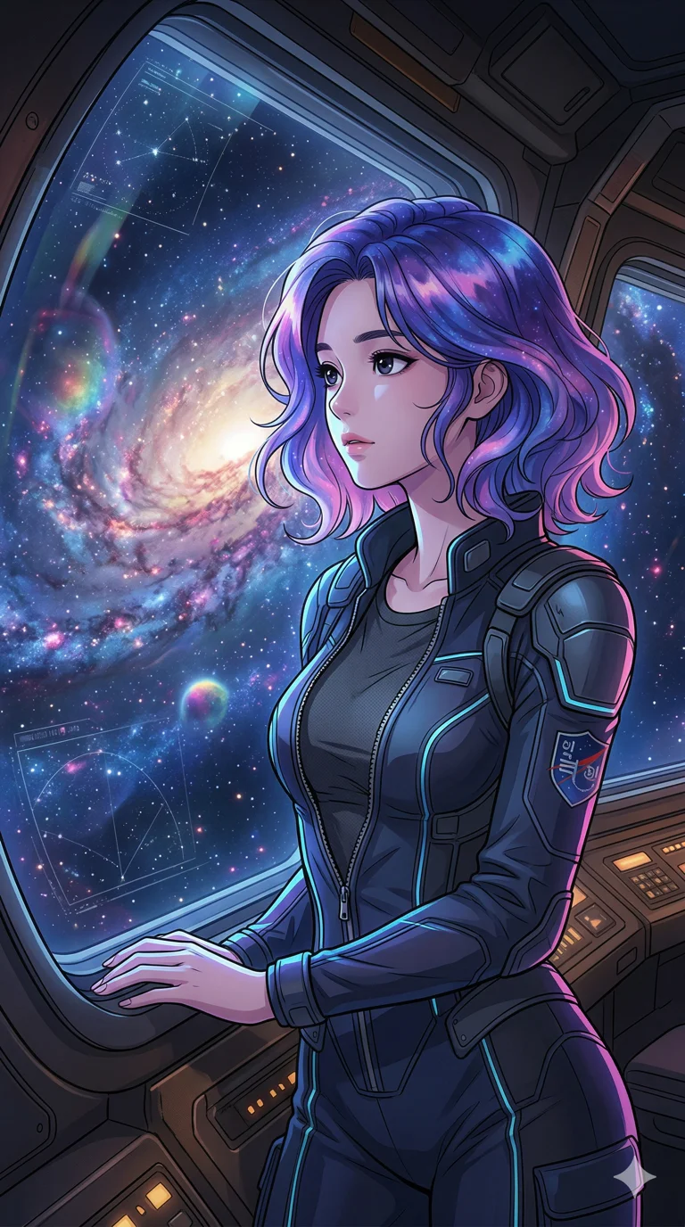 score_9, masterpiece, best quality, ultra-detailed, high-budget anime keyframe, an incredibly beautiful Korean woman. Medium shot of upper body focusing on her cute features and her nebula-colored hair blending purple, deep blue, and pink, filling the vertical 9:16 frame. She is a space voyager gazing through a starship window. She has a towering and slender female figure with a delicate skinny aesthetic. She is wearing a tight-fitting futuristic pilot suit unzipped deeply. A breathtaking view of a vibrant galaxy and distant stars, cinematic rim lighting, 2k, ultra detail, master piece, 9:16 ratio