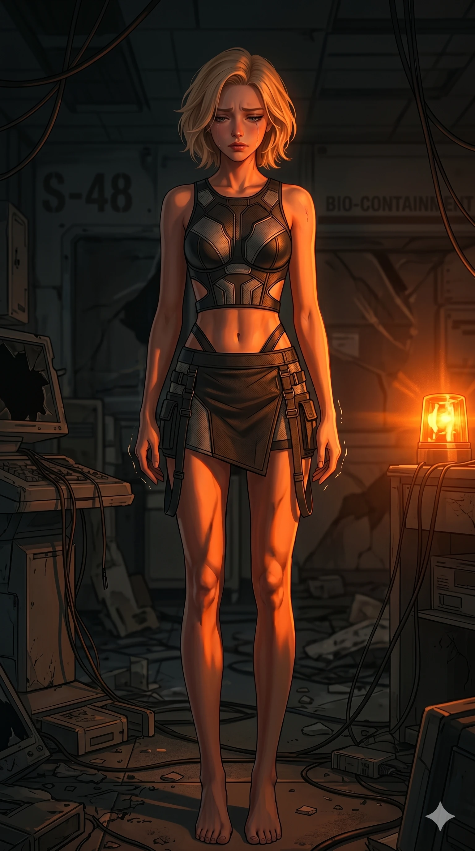 score_9, masterpiece, best quality, ultra-detailed, high-budget anime keyframe, editorial fashion photography, tasteful artistic composition, Caucasian woman, strictly human ears. cowboy shot from the thighs up, character and outfit filling the frame for maximum editorial presence. collapsing her shoulders slightly, her hands trembling as she looks down at the ground in deep grief in an abandoned high-tech laboratory with flickering emergency lights (Scenario Code S-48). She has an absolutely perfect 8-heads proportion, an exceptionally tall and slender female figure with impossibly long slender legs and an ultra-slim waist. V-shaped jawline, high-bridge nose, intricate jewel-like eyes with depth, thick eyelashes, glossy lips with a natural sheen. wearing a structured crop bustier with strategic cutouts and a matching micro-skirt with side straps. lit by a flickering orange emergency beacon, casting dramatic, dancing shadows on her body. 2k, ultra detail, master piece, 9:16 ratio