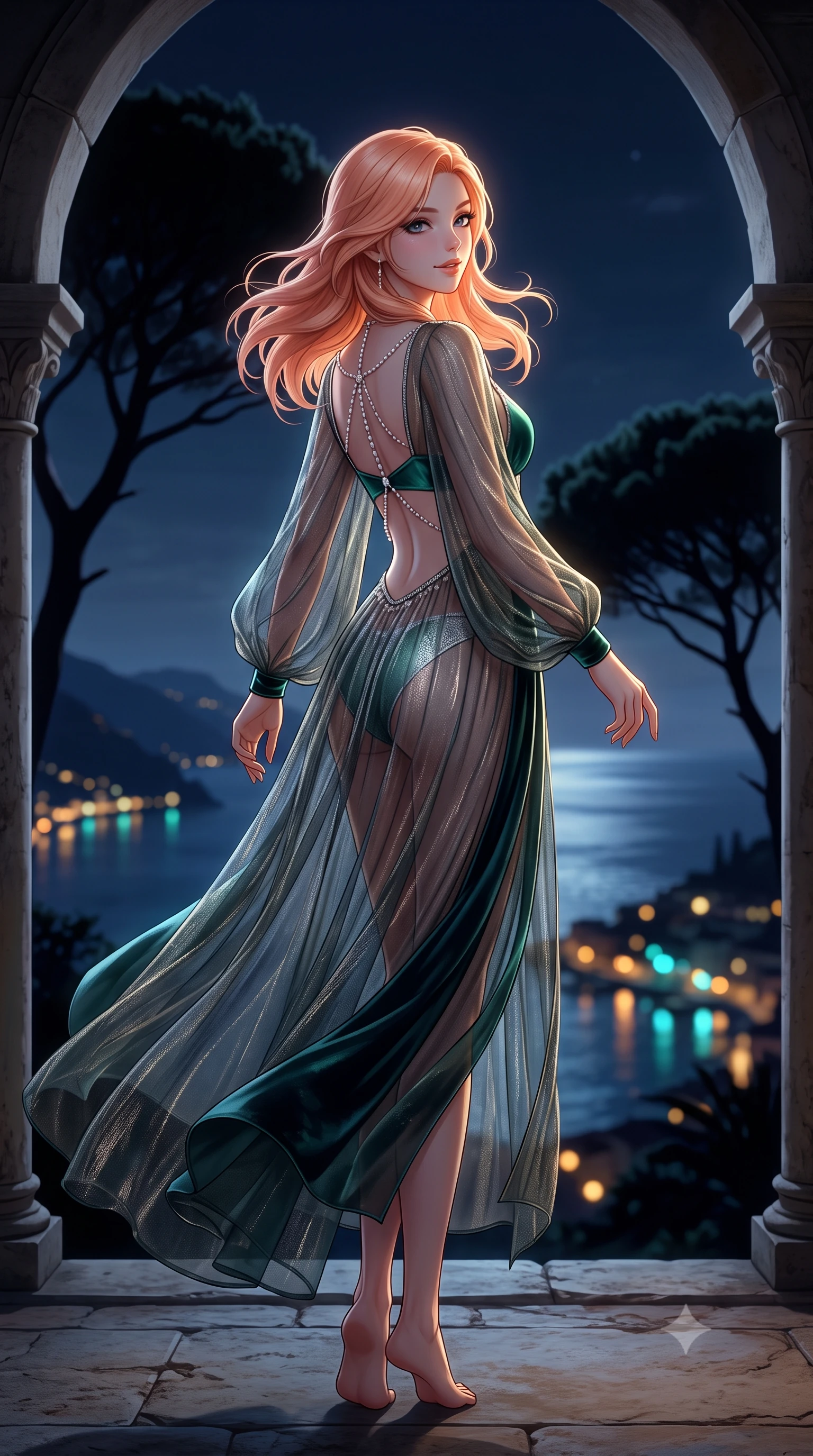 score_9, masterpiece, best quality, ultra-detailed, high-budget anime keyframe, semi-realistic 3D game render, editorial fashion photography, tasteful artistic composition, Japanese woman. low angle full-body shot from head to toe showing her feet, filling the entire 9:16 vertical frame with her statuesque presence, stretching her vertical silhouette. executing a slow, graceful pivot turn as her skirt sways around her slender legs, glancing back with an enchanting, teasing sensual expression while standing poised between pointed Moorish arches on the clifftop veranda 1,200 feet above the sea, arching her lower back as nocturnal sea breezes mold her gown to her hourglass curves. The background shows a soft-focus sweeping vista of the moonlit Gulf of Salerno, dramatic umbrella pine silhouettes, and distant lights of Amalfi fishing harbors blurred into turquoise, gold, and obsidian bokeh. She has an exceptionally tall and slender model-like 8.5-heads proportion, an ultra-slim waist, a flat toned midriff, narrow delicate ribcage, and beautifully sculpted feminine hips creating a graceful, slim hourglass silhouette without any bulky heaviness, with impossibly long slender legs. sharp v-shaped jawline, high-bridge nose, intricate jewel-like sparkling eyes with depth, thick eyelashes, glossy parted lips with a natural peach sheen, bright cheerful beaming smile with an enchanting and coquettish sensual glint, exuding both youthful cute charm and seductive allure, flawlessly proportioned anatomical accuracy, strict slender model proportions, natural body alignment, perfectly sculpted long slender limbs, ultra-slim waistline, clean dynamic posture without body distortion. wearing a provocative sheer metallic-threaded gossamer caftan worn wide open over a micro silk satin bralette and bikini briefs in Nordic aurora emerald green and starlight silver, tailored from ultra-plush silk velvet with rich tactile depth and deep shadow gradients, accented with a pearl-drop body harness subtly framing her dewy collarbones and spine, the precision-cut side openings and low-back scoop framing her graceful spine and the sensual sweep of her slim, toned hips. illuminated by terrace stone bounce and sharp champagne-gold rim lights defining her dewy collarbones, ultra-slim waist, and curvy hips. highly saturated vibrant anime colors, detailed shading with soft gradients, rich glossy textures, high-contrast stereoscopic depth, volumetric dynamic lighting, master piece, 9:16 ratio