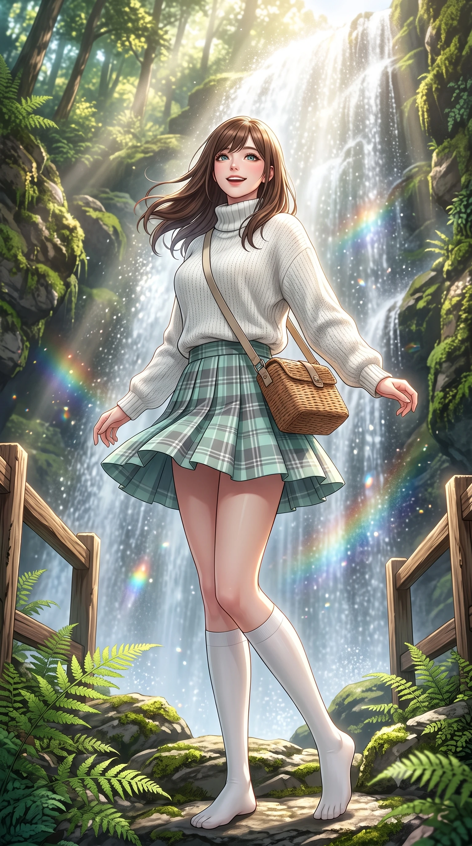 score_9, masterpiece, best quality, ultra-detailed, high-budget anime keyframe, semi-realistic 3D game render, editorial fashion photography, tasteful artistic composition, Korean woman. low angle full-body shot from head to toe showing her feet, filling the entire 9:16 vertical frame with her statuesque presence, stretching her vertical silhouette. performing a cheerful mid-motion turn with effortless poise, her skirt fluttering softly as she smiles into the camera while looking up at the shimmering waterfall with wonder and joy, water spray catching miniature rainbows in the sunlight. The surrounding environment is rendered in vivid detail and crisp panoramic clarity. intricate fern fronds, rustic cedar bridge railings, and sun-dappled forest canopy in high resolution. She has an absolutely perfect, statuesque 8.5-heads proportion, an exceptionally tall and slender model-like female figure with impossibly long slender legs, a toned flat midriff, and an ultra-slim waist. sharp v-shaped jawline, high-bridge nose, intricate jewel-like eyes with depth, thick eyelashes, glossy lips with a natural sheen, pure and lovely fresh girlhood expression, flawlessly proportioned anatomical accuracy, strict slender model proportions, natural body alignment, perfectly sculpted long slender limbs, ultra-slim waistline, clean dynamic posture without body distortion. wearing a cozy oversized turtleneck knit jumper paired with a pleated plaid wool skirt and knee-high socks in refreshing mint green and crisp sea-salt white, crafted from smooth fluid silk satin with a natural gentle sheen, accessorized with a rustic woven wicker bag and canvas strap, the breezy lightweight fabric fluttering softly against her delicate collarbones, narrow waist, and feminine curves. bathed in ethereal sunbeams piercing through waterfall mist, creating radiant rainbow refractions. highly saturated vibrant anime colors, detailed shading with soft gradients, rich glossy textures, high-contrast stereoscopic depth, volumetric dynamic lighting, master piece, 9:16 ratio