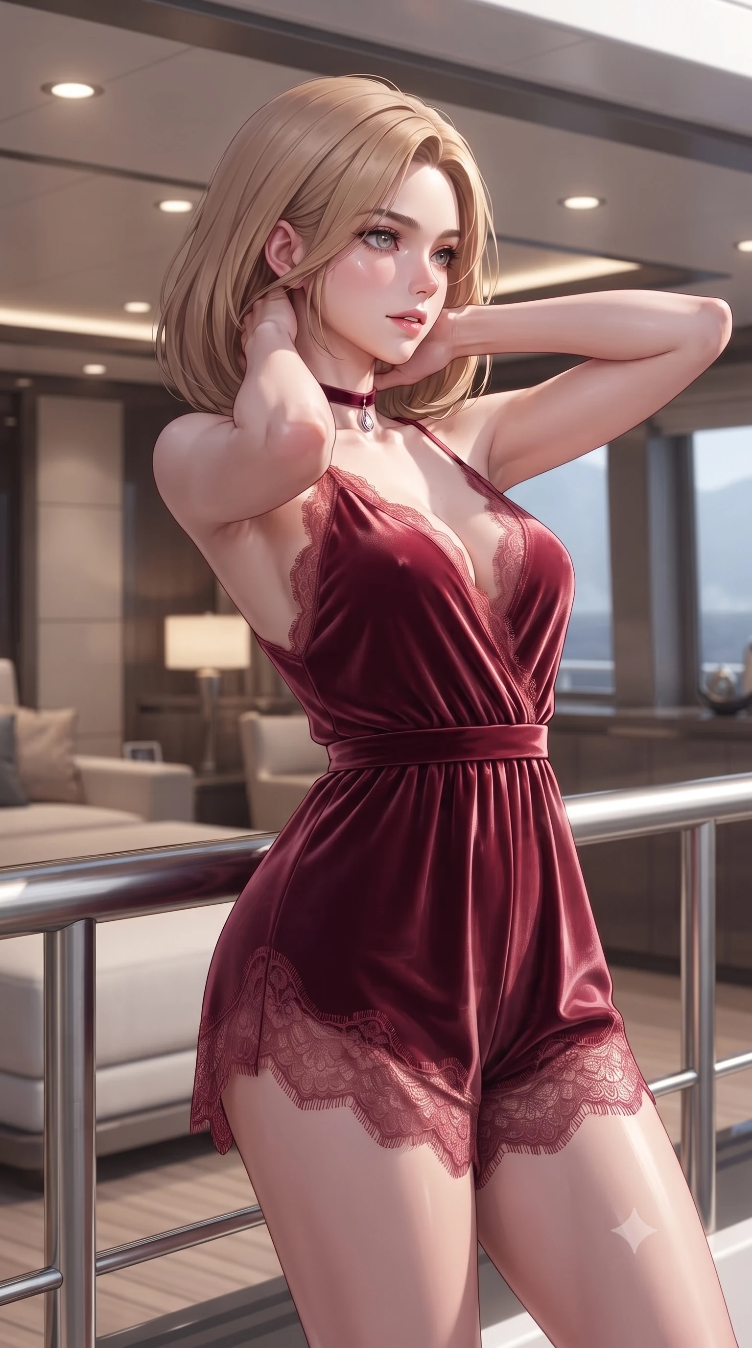 score_9, masterpiece, best quality, ultra-detailed, high-budget anime keyframe, editorial fashion photography, tasteful artistic composition, Korean woman. close-up cowboy shot from the waist and thighs up, the character dominates the composition, filling the frame with her large presence. resting both hands lightly behind her neck with elbows raised, arching her spine to highlight her narrow waist, flat midriff, and breathtaking collarbones while leaning against the stainless-steel balcony railing with hips cocked back, looking back into the stateroom with bedroom-eyes. The surrounding environment is rendered in vivid detail and crisp panoramic clarity: detailed semi-sheer lace boudoir robe texture, dewy skin highlights, and modern superyacht naval architecture in high resolution. She has an exceptionally elegant, slender, and willowy female figure with an ultra-slim waist, flat toned midriff, narrow ribcage, and sculpted feminine hips creating an alluring, slim hourglass silhouette without bulk. sharp v-shaped jawline, high-bridge nose, sparkling eyes with hypnotic seductive depth, thick curled eyelashes, glossy parted lips with a natural dewy peach sheen, alluring bedroom-eyes with an enchanting coquettish smile, exuding magnetic siren charisma and sophisticated glamour, flawlessly proportioned anatomical accuracy, strict slender model proportions, natural body alignment, perfectly sculpted long slender limbs, ultra-slim waistline, clean dynamic posture without body distortion. wearing a plunge-neck stretch velvet romper with scalloped eyelash-lace hems and a cinched waist ribbon in smoldering crimson wine and deep rose-gold, woven from buttery-soft stretch lambskin leather adhering to her body like a second skin, finished with a thin velvet ribbon choker and a single teardrop diamond pendant, the high-slit wrap tailoring accentuating her ultra-slim waistline and the enchanting curve of her feminine hips with alluring seductive charm. bathed in warm 2800K recessed ceiling downlights spilling from the master suite mixed with cool sea moonbeam fill. ultra-reflective glossy finish, specular highlights, rich textural contrasts, high-contrast stereoscopic depth, volumetric dynamic lighting, 2k, ultra detail, master piece, 9:16 ratio