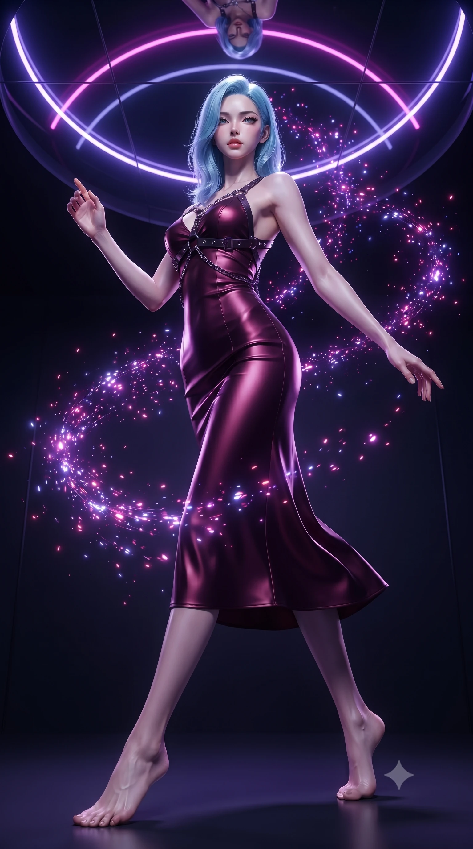 score_9, masterpiece, best quality, ultra-detailed, high-budget anime keyframe, editorial fashion photography, tasteful artistic composition, Korean woman. low angle full-body shot from head to toe showing her feet, filling the entire 9:16 vertical frame with her statuesque presence, stretching her vertical silhouette. interacting with glowing light particles, her long slender legs poised in motion, standing under a mirror ceiling reflecting glowing violet and magenta neon arcs, glove-like fit liquid vinyl dress highlighting her ultra-slim waist. She has an absolutely perfect, statuesque 8.5-heads proportion, an exceptionally tall and slender model-like female figure with impossibly long slender legs and an ultra-slim waist. sharp v-shaped jawline, high-bridge nose, intricate jewel-like eyes with depth, thick eyelashes, glossy lips with a natural sheen. wearing form-contouring dark crimson liquid silk long slip dress in dark plum violet, made of soft crimson satin, framed by dark titanium buckles and silver chain details, following her slender form with tailored precision. lit by piercing key rays emerging from deep futuristic shadows. ultra-reflective glossy finish, specular highlights, metallic sheen, high-contrast stereoscopic depth, volumetric dynamic lighting, 2k, ultra detail, master piece, 9:16 ratio