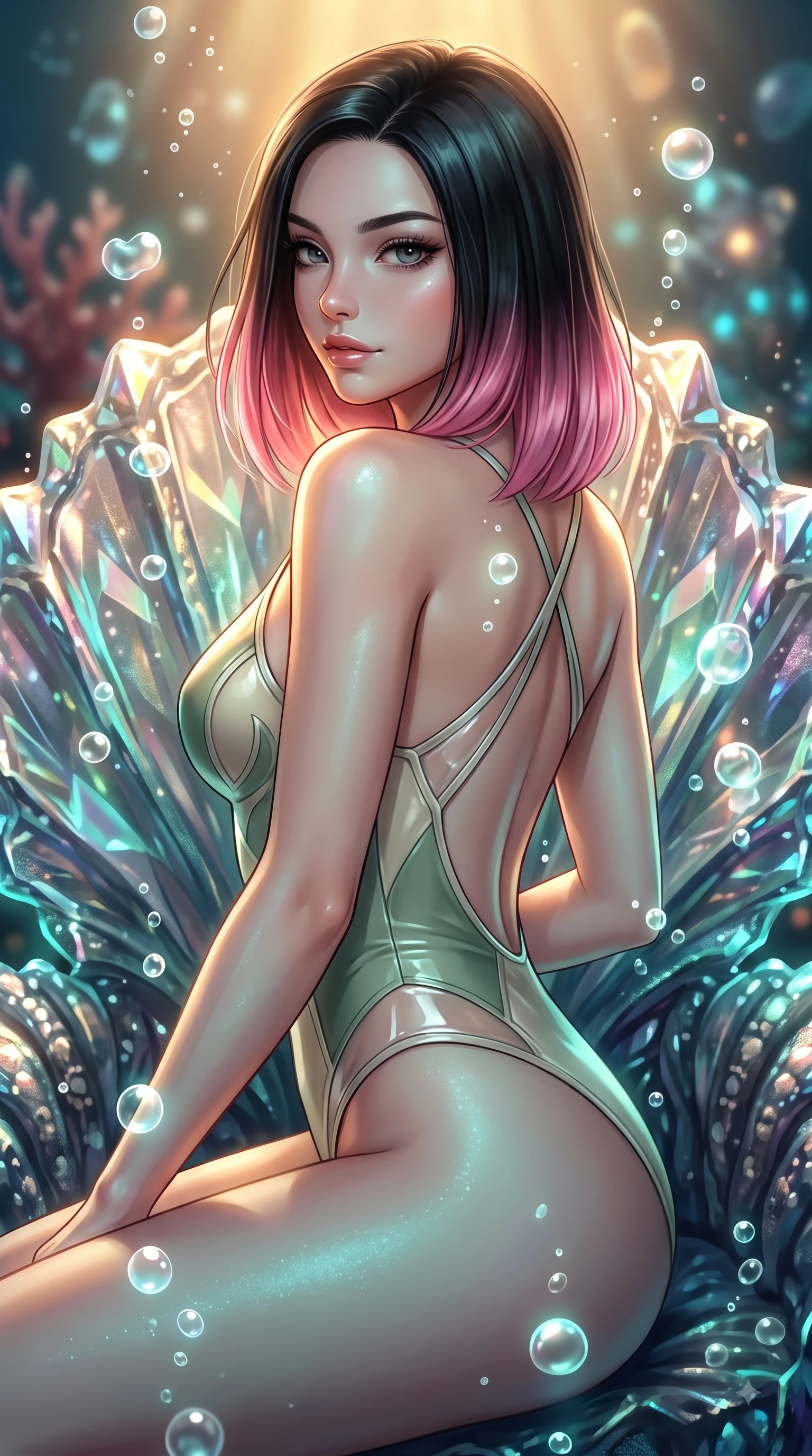 score_9, masterpiece, best quality, ultra-detailed, high-budget anime keyframe, editorial fashion photography, tasteful artistic composition, Korean woman. close-up cowboy shot from the waist and thighs up, the character dominates the composition, filling the frame with her large presence, background elements kept in soft focus. Casting a seductive sidelong gaze over her bare shoulder with heavy lashes and a composed half-smile while poised on an abyssal prism shell throne as gentle sea bubbles cast pearl-white highlights, rising bioluminescent bubbles casting soft pearl-like highlights on her athletic build. She has an exceptionally elegant, slender, and willowy female figure with an ultra-slim waist, a gracefully sculpted slender torso, and a refined silhouette. sharp v-shaped jawline, high-bridge nose, intricate jewel-like eyes with depth, thick eyelashes, glossy lips with a natural sheen, flawlessly proportioned anatomical accuracy, natural body alignment, perfectly sculpted elegant limbs, clean dynamic posture without body distortion. wearing a high-cut translucent vinyl leotard with front paneling and open back in sage green and oatmeal, formed from sleek second-skin neoprene, complemented by criss-cross back straps highlighting her bare shoulders, the elegant draped fit framing her graceful clavicle and slender torso. illuminated by luminous aqua bioluminescence and warm golden top lighting. ultra-reflective glossy finish, specular highlights, metallic sheen, high-contrast stereoscopic depth, volumetric dynamic lighting, 2k, ultra detail, master piece, 9:16 ratio