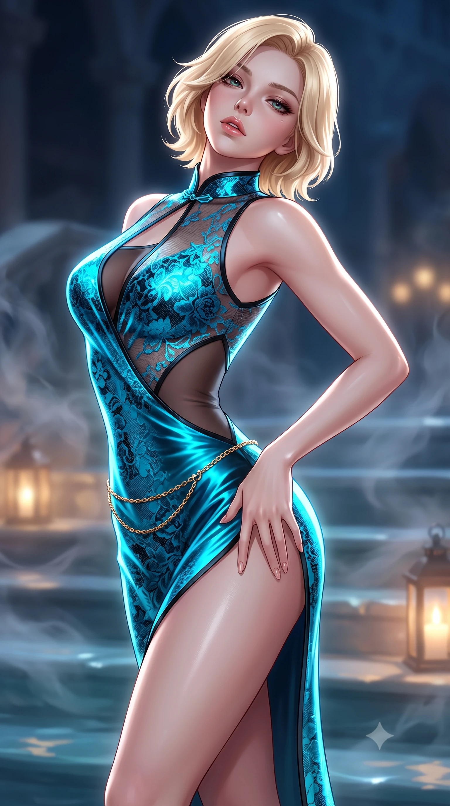 score_9, masterpiece, best quality, ultra-detailed, high-budget anime keyframe, semi-realistic 3D game render, editorial fashion photography, tasteful artistic composition, Caucasian woman. close-up cowboy shot from the waist and thighs up, the character dominates the composition, filling the frame with her large presence. arching her spine backward with effortless dancer poise, one hand sliding along her hip line as directional light carves specular highlights along her silhouette while gliding down the grand palace water steps with supermodel poise, her liquid dress clinging to her narrow waist and rounded hips in the moonlight. The composition keeps background elements in soft focus with creamy bokeh. swirling canal mist and flickering lantern glows softened in romantic shallow focus. She has an exceptionally elegant, slender, and willowy female figure with an ultra-slim waist, flat toned midriff, narrow ribcage, and sculpted feminine hips creating an alluring, slim hourglass silhouette without bulk. sharp v-shaped jawline, high-bridge nose, intricate jewel-like eyes with depth, thick eyelashes, glossy parted lips with a natural sheen, intensely captivating and seductive bedroom-eyes expression, flawlessly proportioned anatomical accuracy, strict slender model proportions, natural body alignment, perfectly sculpted long slender limbs, ultra-slim waistline, clean dynamic posture without body distortion. wearing a wet-look silk fusion wrap dress with asymmetrical sheer mesh cutouts and high Mandarin collar in neon electric cyan and lacquer black, formed from shimmering floral lace over smooth opaque silk lining, accented with a delicate gold chain belt resting loosely on her curvy hips, the form-contouring material adhering flawlessly to her sculpted flat midriff and slender torso, emphasizing her long leg lines and perfectly proportioned willowy build. surrounded by an aristocratic, scandalous, and breathlessly captivating Venetian siren aura. highly saturated vibrant anime colors, detailed shading with soft gradients, rich glossy textures, high-contrast stereoscopic depth, volumetric dynamic lighting, master piece, 9:16 ratio
