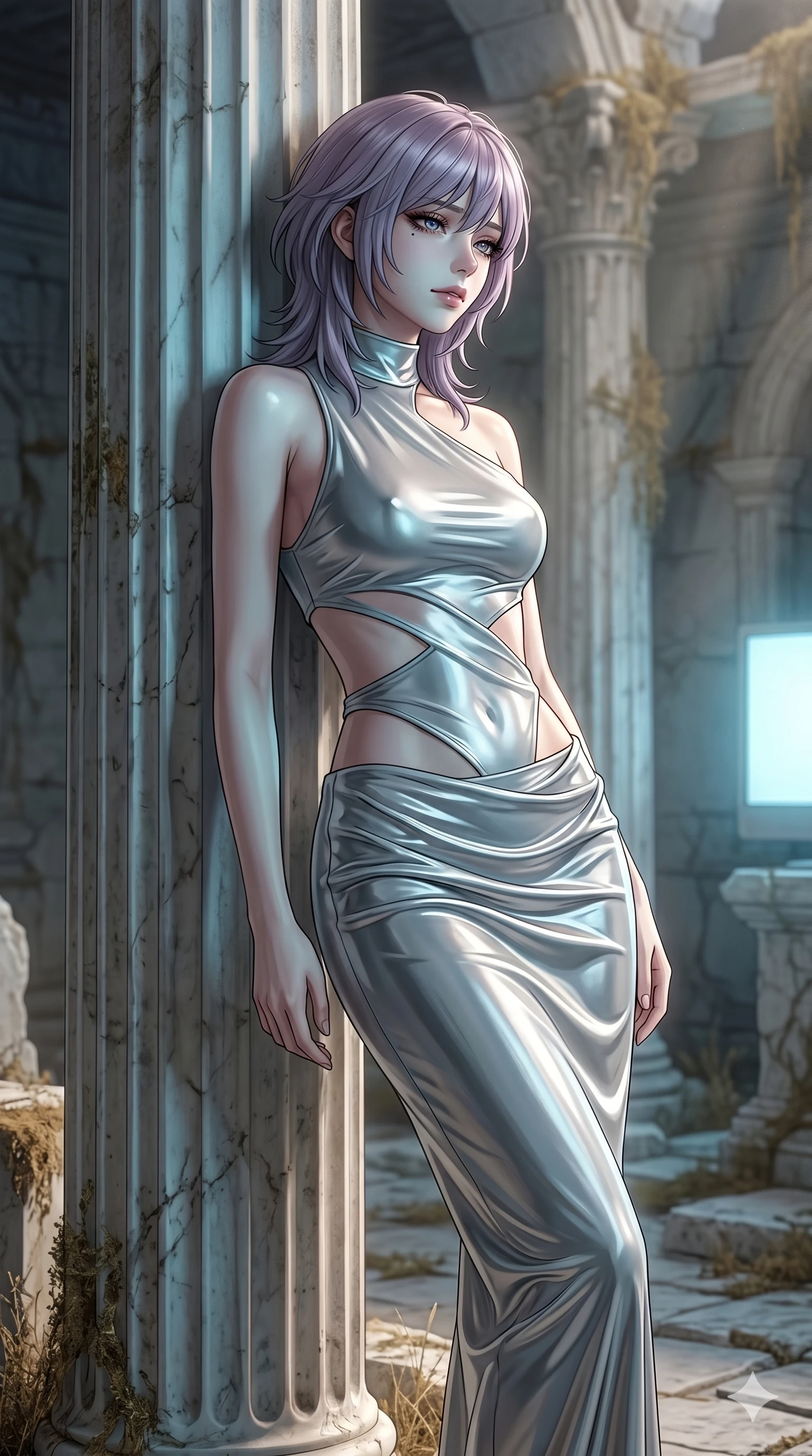 score_9, masterpiece, best quality, ultra-detailed, high-budget anime keyframe, editorial fashion photography, tasteful artistic composition, Japanese woman. cowboy shot from the thighs up, character and outfit filling the frame for maximum editorial presence. looking sidelong at the viewer with a melancholy, weary half-smile that doesn't reach her eyes resting against a cold marble pillar in a ruined ancient temple of light (Scenario Code S-39). She has an absolutely perfect 8-heads proportion, an exceptionally tall and slender female figure with impossibly long slender legs and an ultra-slim waist. V-shaped jawline, high-bridge nose, intricate jewel-like eyes with depth, thick eyelashes, glossy lips with a natural sheen. wearing a liquid silver jersey dress with an asymmetric collar and bold waist cutout lines. illuminated by the pale blue light of a distant monitor, casting a cool glow on her face. 2k, ultra detail, master piece, 9:16 ratio