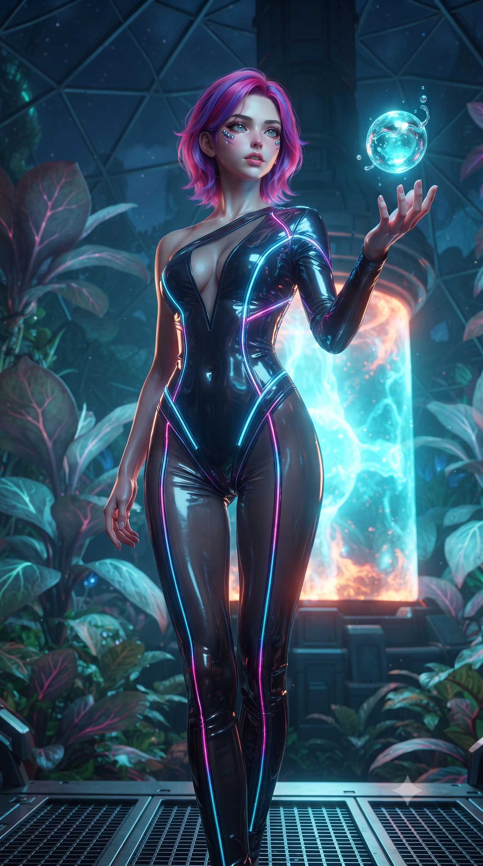 score_9, masterpiece, best quality, ultra-detailed, High-budget Anime Keyframe, editorial fashion photography, tasteful artistic composition, realistic cosplay photography, Caucasian woman, strictly human ears. Low angle cowboy shot filling the entire 9:16 frame with her statuesque presence. Scenario 319: reaching out to catch a floating sphere of liquid light in a secret bio-dome containing a giant glowing fusion reactor. Her presence is magnetic and overpowering in this high-budget cinematic scene. Outfit 319: a tailored patent leather sheer with a low-cut shoulder and glowing LED seams. The clothing is designed to emphasize her exceptionally tall and slender 8-heads proportion. 8-heads proportion, towering silhouette, ultra-slim waist. sharp v-shaped jawline, intricate jewel-like eyes with depth, thick eyelashes, glossy lips. ultra-reflective glossy finish, specular highlights, metallic sheen, high-contrast stereoscopic depth, volumetric dynamic lighting, 2k, ultra detail, master piece, 9:16 ratio