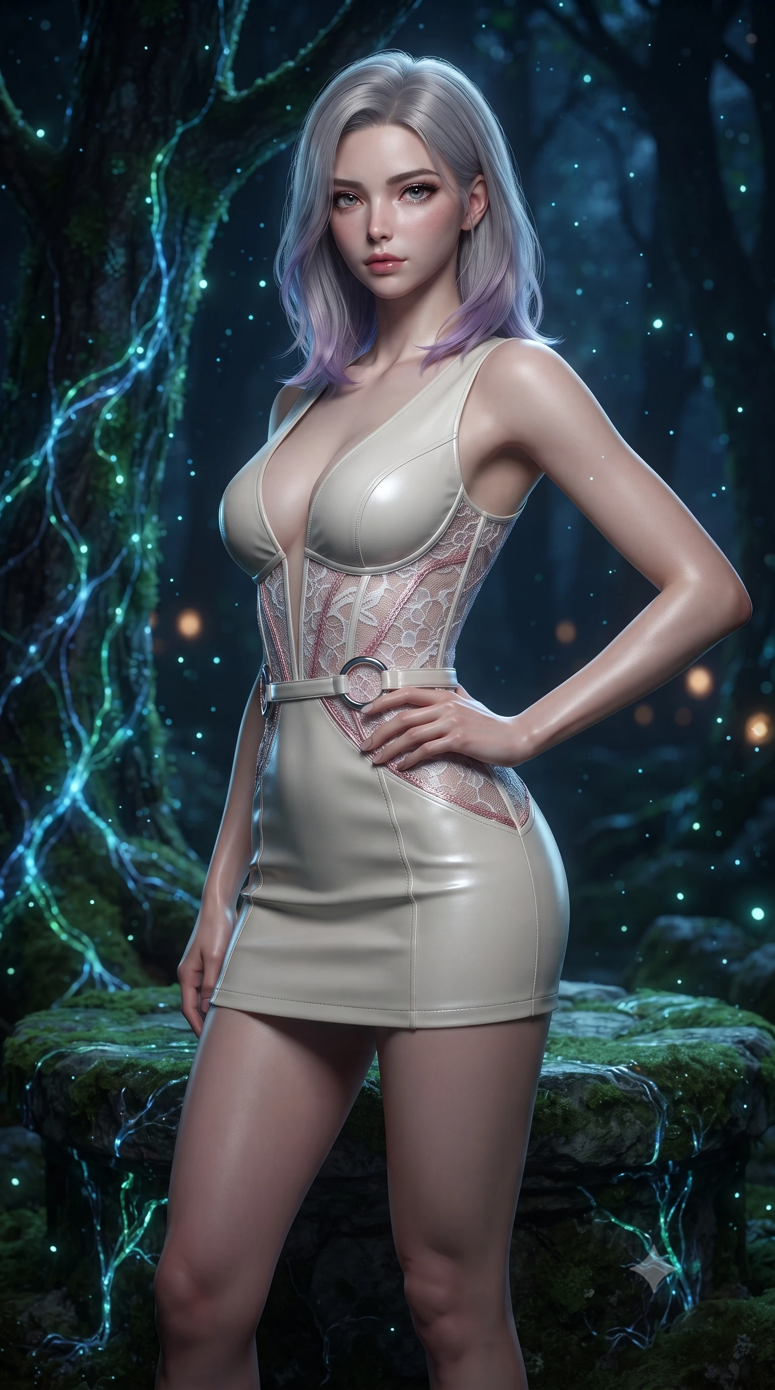 score_9, masterpiece, best quality, ultra-detailed, high-budget anime keyframe, editorial fashion photography, tasteful artistic composition, Caucasian woman. close-up cowboy shot from the waist and thighs up, the character dominates the composition, filling the frame with her large presence, background elements kept in soft focus. Holding a confident power pose with one hand on her hip, poised on a moss-covered stone altar as bioluminescent pollen drifts gently, bioluminescent mycelium threads weaving intricate glowing patterns through dark bark. She has an exceptionally elegant, slender, and willowy female figure with an ultra-slim waist, a gracefully sculpted slender torso, and a refined silhouette. sharp v-shaped jawline, high-bridge nose, intricate jewel-like eyes with depth, thick eyelashes, glossy lips with a natural sheen. wearing deep V-neck corset bodice mini dress with sheer white lace panels in rose-gold pink, made of polished ivory leather, accented with sculpted opal chrome rings at the waist, contouring every curve with an exceptionally elegant silhouette. lit by quiet bioluminescent key light in a dark woodland setting. ultra-reflective glossy finish, specular highlights, metallic sheen, high-contrast stereoscopic depth, volumetric dynamic lighting, 2k, ultra detail, master piece, 9:16 ratio