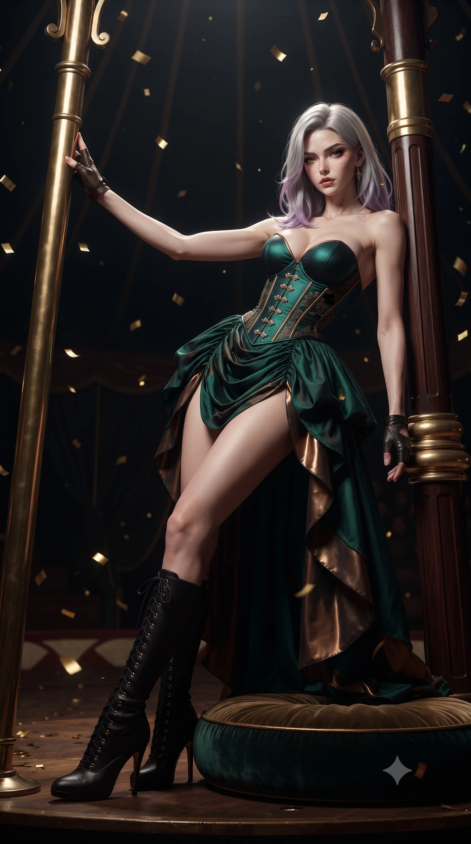 score_9, masterpiece, best quality, ultra-detailed, high-budget anime keyframe, editorial fashion photography, tasteful artistic composition, Caucasian woman. low angle full-body shot from head to toe showing her feet, filling the entire 9:16 vertical frame with her statuesque presence, stretching her vertical silhouette. leaning deep against the structural architecture with hips cocked in an unapologetically bold, seductive high-fashion stance while reclining languidly on a velvet ring cushion inside the dark circus tent, spine arched in an alluring S-curve as gold confetti flutters around her. The surrounding environment is rendered in vivid detail and crisp panoramic clarity. detailed theatrical costume embroidery, brass button sheen, and polished wood grain in high resolution. She has an absolutely perfect, statuesque 8.5-heads proportion, an exceptionally tall and slender model-like female figure with impossibly long slender legs, a toned flat midriff, an ultra-slim waist, and beautifully sculpted feminine hips. sharp v-shaped jawline, high-bridge nose, intricate jewel-like eyes with depth, thick eyelashes, glossy parted lips with a natural sheen, intensely captivating and seductive bedroom-eyes expression, flawlessly proportioned anatomical accuracy, strict slender model proportions, natural body alignment, perfectly sculpted long slender limbs, ultra-slim waistline, clean dynamic posture without body distortion. wearing a deep sweetheart neckline circus bustier paired with a gathered chiffon high-slit bustle skirt in deep emerald green and liquid bronze, tailored from fluid silk crepe with delicate inner corsetry boning, accessorized with knee-high stiletto lace-up boots and fingerless leather gloves, the liquid-tight tailored fabric clinging flawlessly to her narrow waist and rounded feminine hips, emphasizing every millimeter of her sculpted hourglass curves during movement. illuminated by crisp directional rim lighting sharply carving her razor-sharp jawline, narrow waist, and curvy hips. ultra-reflective glossy finish, specular highlights, rich textural contrasts, high-contrast stereoscopic depth, volumetric dynamic lighting, 2k, ultra detail, master piece, 9:16 ratio