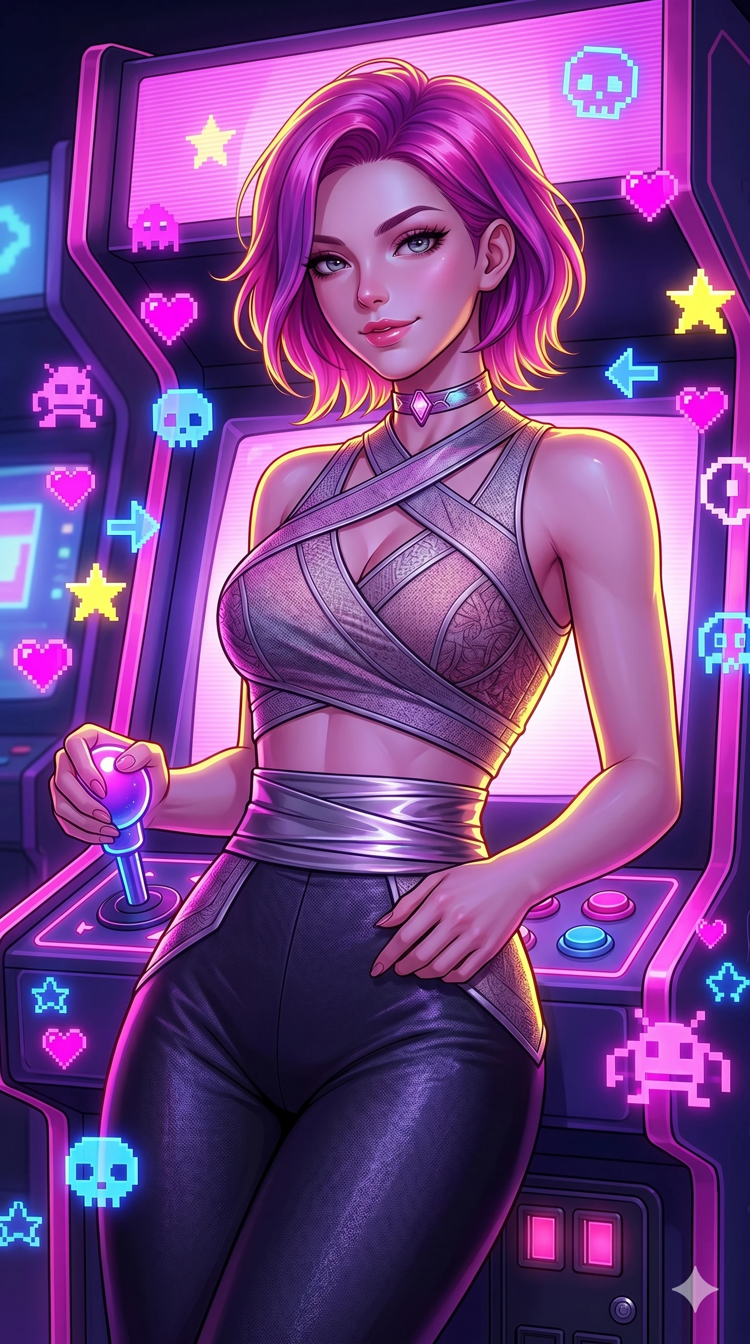 score_9, masterpiece, best quality, ultra-detailed, high-budget anime keyframe, Caucasian woman, strictly human ears. Upper body close-up from the thighs up, character filling the screen for maximum presence. She is leaning back against a glowing retro arcade cabinet, surrounded by floating pixelated neon icons. She holds a glowing joystick with a teasing, commanding smile. She has an absolutely perfect 8-heads proportion, a tall and elegant figure with a refined silhouette and a defined waistline. V-shaped jawline, high-bridge nose, intricate jewel-like eyes with depth, thick eyelashes, glossy lips with a natural sheen. She is wearing a cropped cyber-fusion wrap top with delicate textured panels, a geometric crossover collar, and a high-waisted metallic sash highlighting her defined waistline. The scene is illuminated by bright pink and violet neon screen glare and a sharp yellow ambient rim light. 2k, ultra detail, master piece, 9:16 ratio