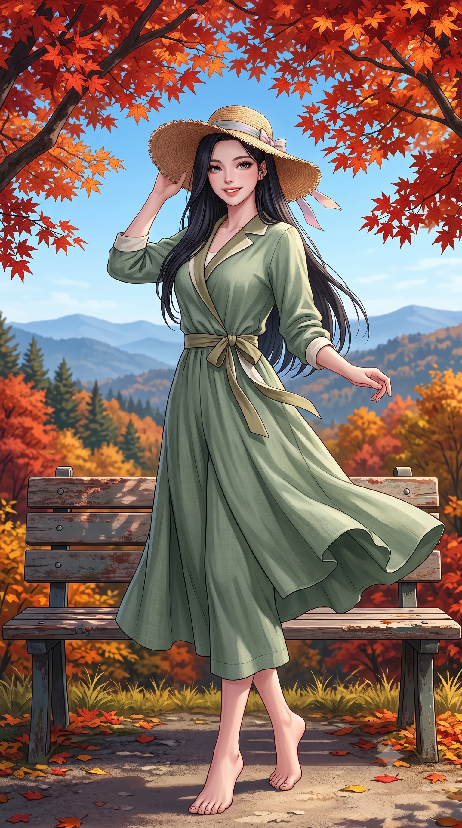 score_9, masterpiece, best quality, ultra-detailed, high-budget anime keyframe, semi-realistic 3D game render, editorial fashion photography, tasteful artistic composition, Korean woman. low angle full-body shot from head to toe showing her feet, filling the entire 9:16 vertical frame with her statuesque presence, stretching her vertical silhouette. performing a cheerful mid-motion turn with effortless poise, her skirt fluttering softly as she smiles into the camera while sitting on a rustic park bench under an arch of fiery crimson maple branches, smiling cozily into the lens. The surrounding environment is rendered in vivid detail and crisp panoramic clarity. vibrant autumn forest gradients, distant misty mountain ridges, and clear blue autumn skies in high clarity. She has an absolutely perfect, statuesque 8.5-heads proportion, an exceptionally tall and slender model-like female figure with impossibly long slender legs, a toned flat midriff, and an ultra-slim waist. sharp v-shaped jawline, high-bridge nose, intricate jewel-like eyes with depth, thick eyelashes, glossy lips with a natural sheen, pure and lovely fresh girlhood expression, flawlessly proportioned anatomical accuracy, strict slender model proportions, natural body alignment, perfectly sculpted long slender limbs, ultra-slim waistline, clean dynamic posture without body distortion. wearing a relaxed sage green linen jumpsuit with a tied waist sash and folded collar in muted olive green and ivory cotton, made of comfortable premium stretch denim and airy cotton-jersey, paired with a wide-brim woven straw hat tied with a pastel ribbon, the relaxed yet flattering fit accentuating her naturally graceful and slender figure, highlighting her youthful charm and lovely silhouette. surrounded by a warm, romantic, and deeply nostalgic autumn sweetheart aura. highly saturated vibrant anime colors, detailed shading with soft gradients, rich glossy textures, high-contrast stereoscopic depth, volumetric dynamic lighting, master piece, 9:16 ratio
