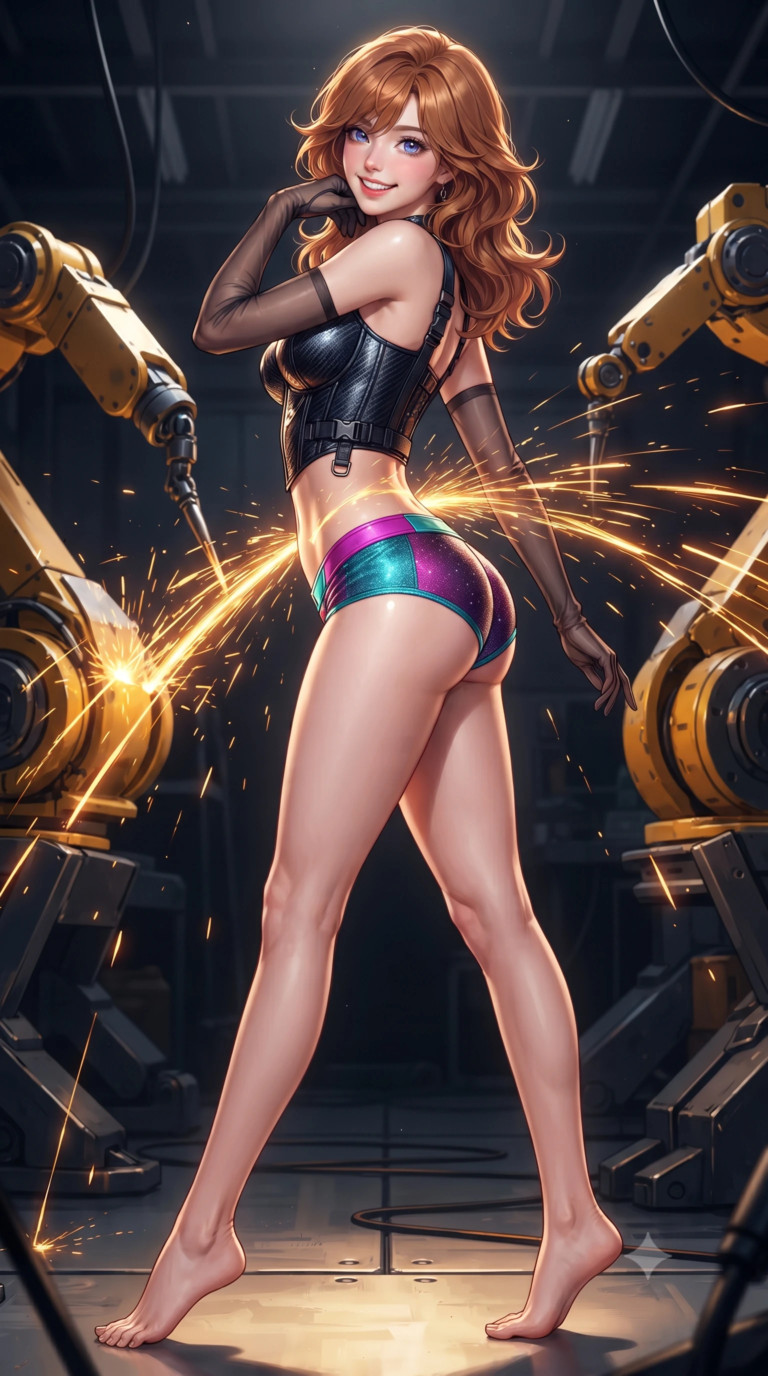 score_9, masterpiece, best quality, ultra-detailed, high-budget anime keyframe, editorial fashion photography, tasteful artistic composition, Korean woman. low angle full-body shot from head to toe showing her feet, filling the entire 9:16 vertical frame with her statuesque presence, stretching her vertical silhouette. executing a slow, graceful pivot turn as her skirt sways around her slender legs, glancing back with an enchanting, teasing sensual expression while twisting her slender torso in an alluring contrapposto stance, cascades of welding sparks painting dynamic molten gold light ribbons across her narrow waist and hips. The surrounding environment is rendered in vivid detail and crisp panoramic clarity: sharp ablative armor plate seams, hydraulic robotic arm joints, and crisp glowing weld beads in deep focus. She has an exceptionally tall and slender model-like 8.5-heads proportion, an ultra-slim waist, a flat toned midriff, narrow delicate ribcage, and beautifully sculpted feminine hips creating a graceful, slim hourglass silhouette without any bulky heaviness, with impossibly long slender legs. sharp v-shaped jawline, high-bridge nose, intricate jewel-like sparkling eyes with depth, thick eyelashes, glossy parted lips with a natural peach sheen, bright cheerful beaming smile with an enchanting and coquettish sensual glint, exuding both youthful cute charm and seductive allure, flawlessly proportioned anatomical accuracy, strict slender model proportions, natural body alignment, perfectly sculpted long slender limbs, ultra-slim waistline, clean dynamic posture without body distortion. wearing a sculpted carbon-fiber underwire crop corset with tactical buckle straps paired with low-rise micro shorts in Kowloon neon magenta and electric teal, woven from stretch metallic lurex jersey casting radiant starlight glints across her curves, complemented by sheer opera-length evening gloves tracing her slender arms, the form-contouring silhouette accentuating her sculpted flat midriff, narrow delicate ribcage, and gracefully curvy hips with intoxicating allure. bathed in high-contrast golden welding arcs contrasted with deep obsidian shadow gradients and starlight. ultra-reflective glossy finish, specular highlights, rich textural contrasts, high-contrast stereoscopic depth, volumetric dynamic lighting, 2k, ultra detail, master piece, 9:16 ratio
