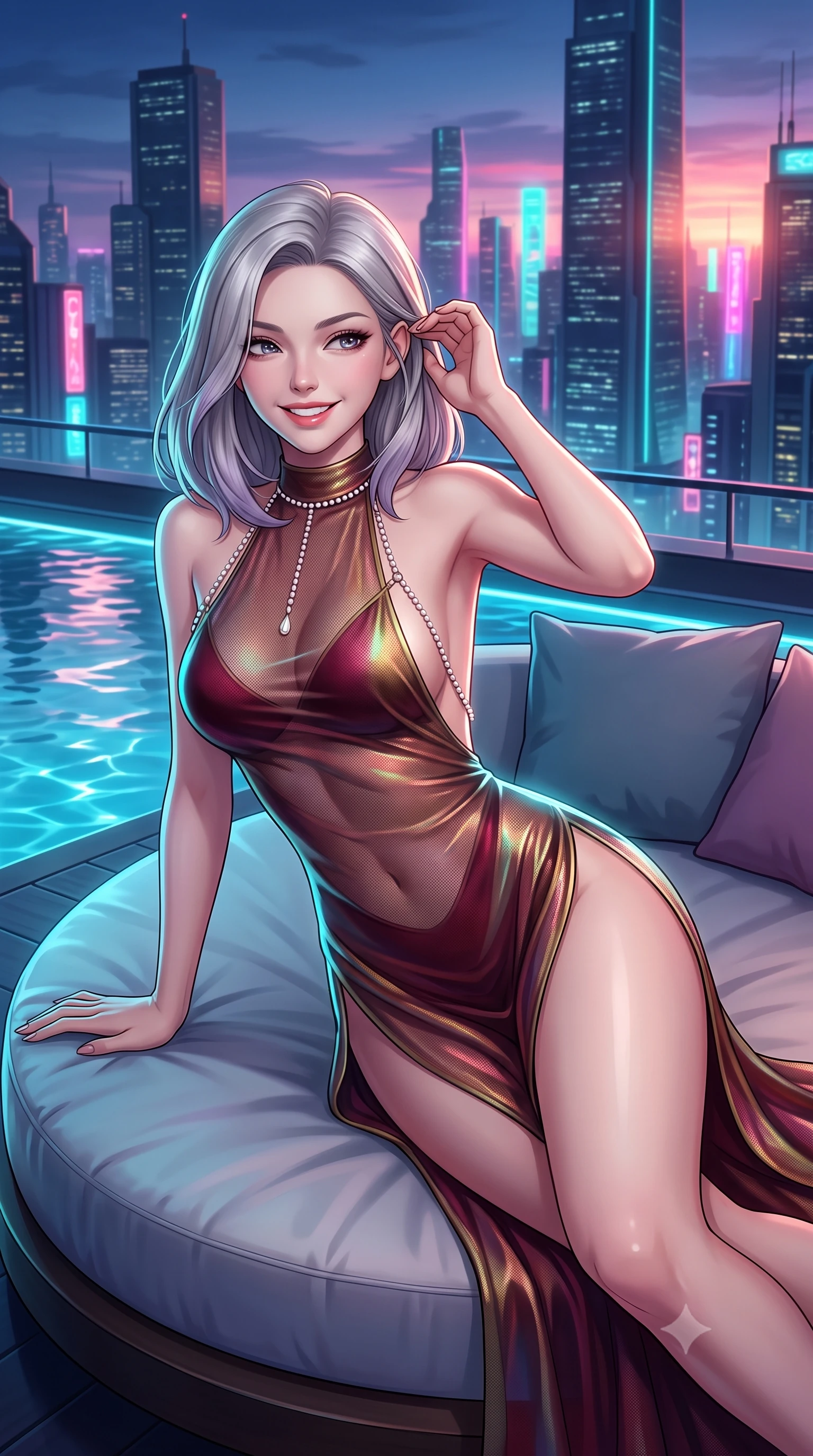 score_9, masterpiece, best quality, ultra-detailed, high-budget anime keyframe, semi-realistic 3D game render, editorial fashion photography, tasteful artistic composition, Caucasian woman. close-up cowboy shot from the waist and thighs up, the character dominates the composition, filling the frame with her large presence. gently brushing a lock of hair behind her ear while casting a playful, flirtatious side-gaze with long eyelashes while lounging on the circular sunbed propped on one elbow, displaying her long slender limbs and statuesque hourglass silhouette against the neon horizon. The surrounding environment is rendered in vivid detail and crisp panoramic clarity: detailed provocative sheer silk organza modern qipao dress, high-cut side slits, and mega-skyscraper engineering in high resolution. She has an exceptionally elegant, slender, and willowy female figure with an ultra-slim waist, flat toned midriff, narrow ribcage, and sculpted feminine hips creating an alluring, slim hourglass silhouette without bulk. sharp v-shaped jawline, high-bridge nose, intricate jewel-like sparkling eyes with depth, thick eyelashes, glossy parted lips with a natural peach sheen, bright cheerful beaming smile with an enchanting and coquettish sensual glint, exuding both youthful cute charm and seductive allure, flawlessly proportioned anatomical accuracy, strict slender model proportions, natural body alignment, perfectly sculpted long slender limbs, ultra-slim waistline, clean dynamic posture without body distortion. wearing an alluring backless sheer holographic mesh slip dress with high thigh slit clinging smoothly to her dewy skin in French boudoir bordeaux wine and antique brass, made of fluid liquid jersey with seamless sculpting hold and smooth contours, accented with a pearl-drop body harness subtly framing her dewy collarbones and spine, the precision-cut side openings and low-back scoop framing her graceful spine and the sensual sweep of her slim, toned hips. illuminated by water surface reflection bounce and sharp platinum-cyan rim lights defining her dewy collarbones, ultra-slim waist, and curvy hips. highly saturated vibrant anime colors, detailed shading with soft gradients, rich glossy textures, high-contrast stereoscopic depth, volumetric dynamic lighting, master piece, 9:16 ratio