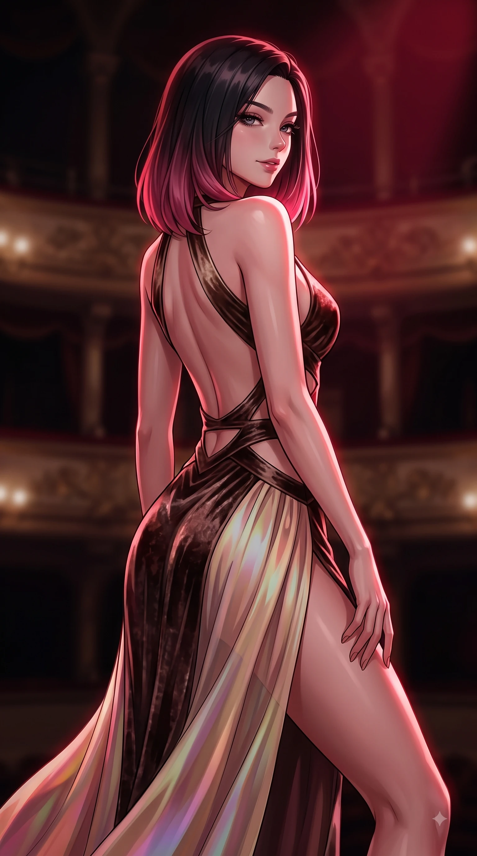 score_9, masterpiece, best quality, ultra-detailed, high-budget anime keyframe, editorial fashion photography, tasteful artistic composition, Korean woman. close-up cowboy shot from the waist and thighs up, the character dominates the composition, filling the frame with her large presence, background elements kept in soft focus. Casting a seductive sidelong gaze over her bare shoulder with heavy lashes and a composed half-smile while poised in a dramatic low-angle stance as deep crimson theatrical spotlights isolate her figure, dramatic theatrical lighting emphasizing every curve of her athletic build. She has an exceptionally elegant, slender, and willowy female figure with an ultra-slim waist, a gracefully sculpted slender torso, and a refined silhouette. sharp v-shaped jawline, high-bridge nose, intricate jewel-like eyes with depth, thick eyelashes, glossy lips with a natural sheen, flawlessly proportioned anatomical accuracy, natural body alignment, perfectly sculpted elegant limbs, clean dynamic posture without body distortion. wearing a backless crushed velvet gown with a deep V-neckline and high thigh slit in espresso brown and warm cream, crafted from iridescent chiffon that shifts colors in the light, featuring clean architectural cutouts along her slender torso, the sleek second-skin texture accentuating her magnetic presence. surrounded by an opulent, dramatic opera box atmosphere with deep chiaroscuro. highly saturated vibrant anime colors, detailed shading with soft gradients, rich glossy textures, high-contrast stereoscopic depth, volumetric dynamic lighting, master piece, 9:16 ratio