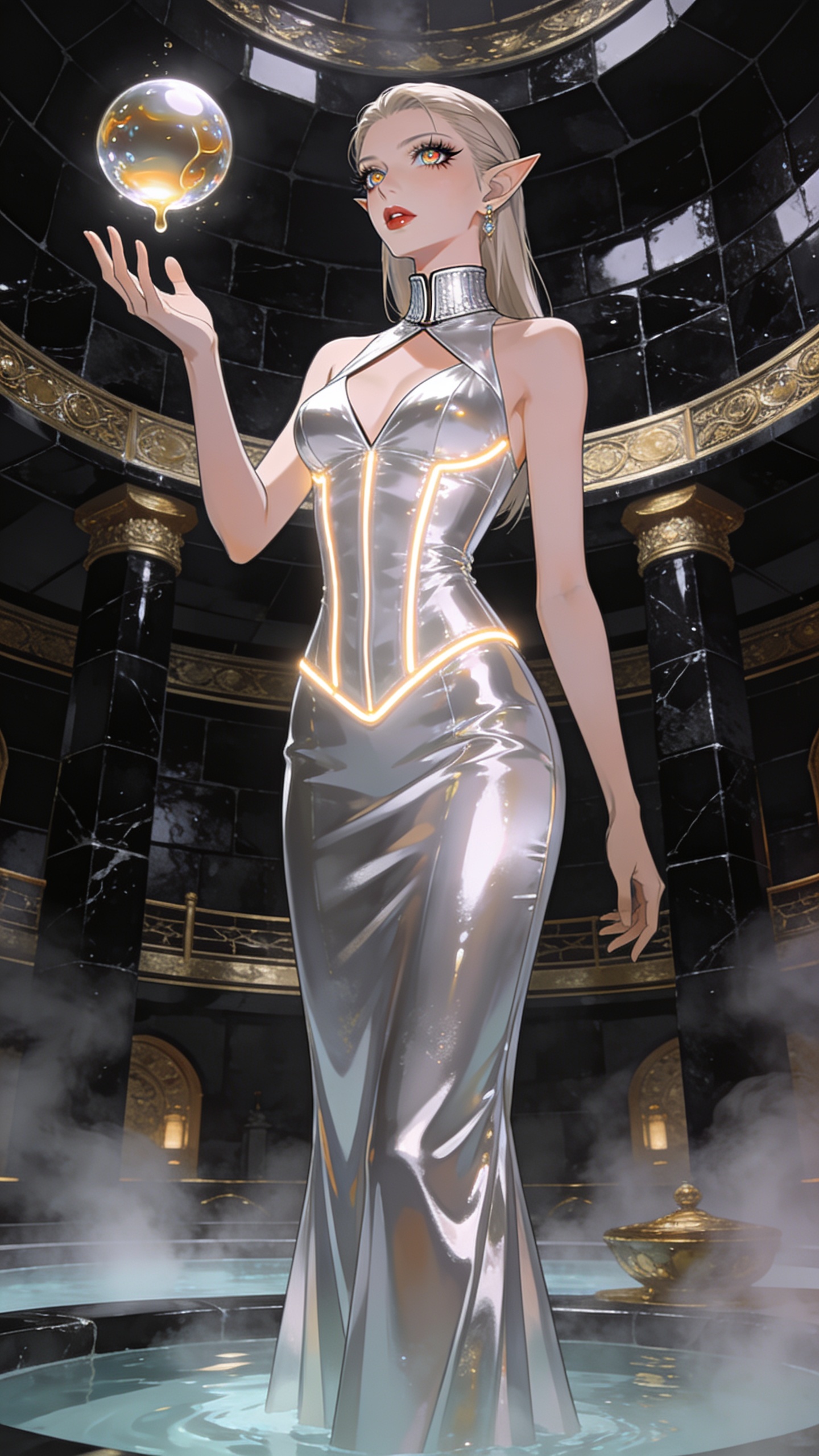 score_9, masterpiece, best quality, ultra-detailed, High-budget Anime Keyframe, Caucasian woman, strictly human ears. Low angle cowboy shot filling the entire 9:16 frame with her statuesque presence. Scenario 473: reaching out to catch a floating sphere of liquid light in a steam-filled bathhouse built of black obsidian stone and gold accents. Her presence is magnetic and overpowering in this high-budget anime scene. Outfit 473: a tailored liquid silver shimmering chiffon corset dress featuring a refined mock-neck collar and glowing LED seams. The clothing is designed to emphasize her exceptionally tall and slender 8-heads proportion. 8-heads proportion, towering silhouette, ultra-slim waist. sharp v-shaped jawline, intricate jewel-like eyes with depth, thick eyelashes, glossy lips. 2k, ultra detail, master piece, 9:16 ratio