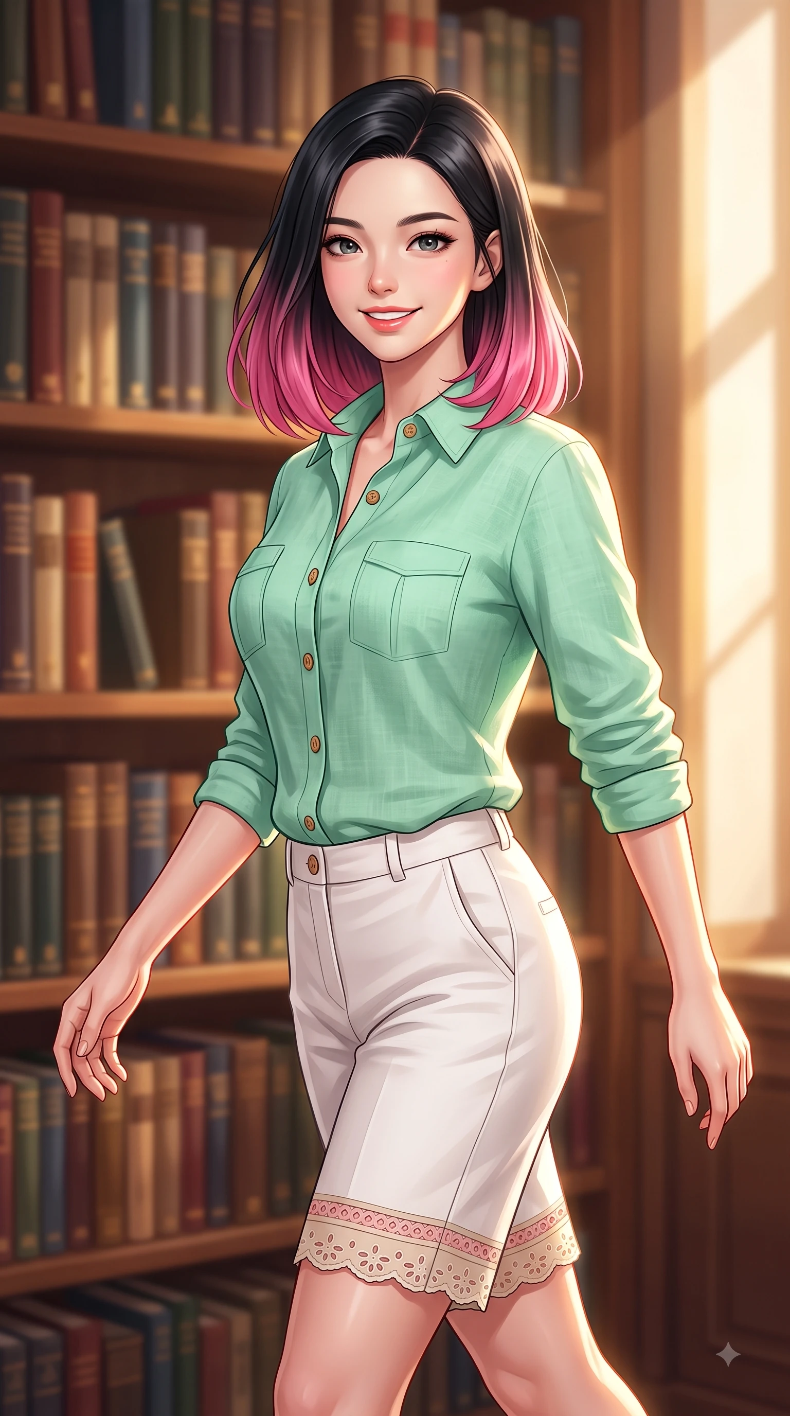 score_9, masterpiece, best quality, ultra-detailed, high-budget anime keyframe, editorial fashion photography, tasteful artistic composition, Korean woman. close-up cowboy shot from the waist and thighs up, the character dominates the composition, filling the frame with her large presence. Gazing directly into the camera with a fresh, infectious smile as her torso curves dynamically in mid-stride while pivoting dynamically in a quiet library nook with a sweet, intelligent smile and sparkling eyes. The composition keeps background elements in soft focus with dreamy bokeh. rows of classic hardcover books creating a warm, comforting blurred background depth. She has an exceptionally elegant, slender, and willowy female figure with an ultra-slim waist, a gracefully sculpted slender torso, and a refined silhouette. sharp v-shaped jawline, high-bridge nose, intricate jewel-like eyes with depth, thick eyelashes, glossy lips with a natural sheen, flawlessly proportioned anatomical accuracy, natural body alignment, perfectly sculpted elegant limbs, clean dynamic posture without body distortion. wearing a fresh mint green linen button-down shirt paired with tailored white Bermuda shorts in cherry blossom pink and soft beige, woven with delicate eyelet lace and soft cotton, finished with neat front wooden buttons and pocket details, the tailored casual silhouette highlighting her fresh and youthful presence. bathed in warm golden sunlight streaming through clean glass cafe windows. highly saturated vibrant anime colors, detailed shading with soft gradients, rich glossy textures, high-contrast stereoscopic depth, volumetric dynamic lighting, master piece, 9:16 ratio
