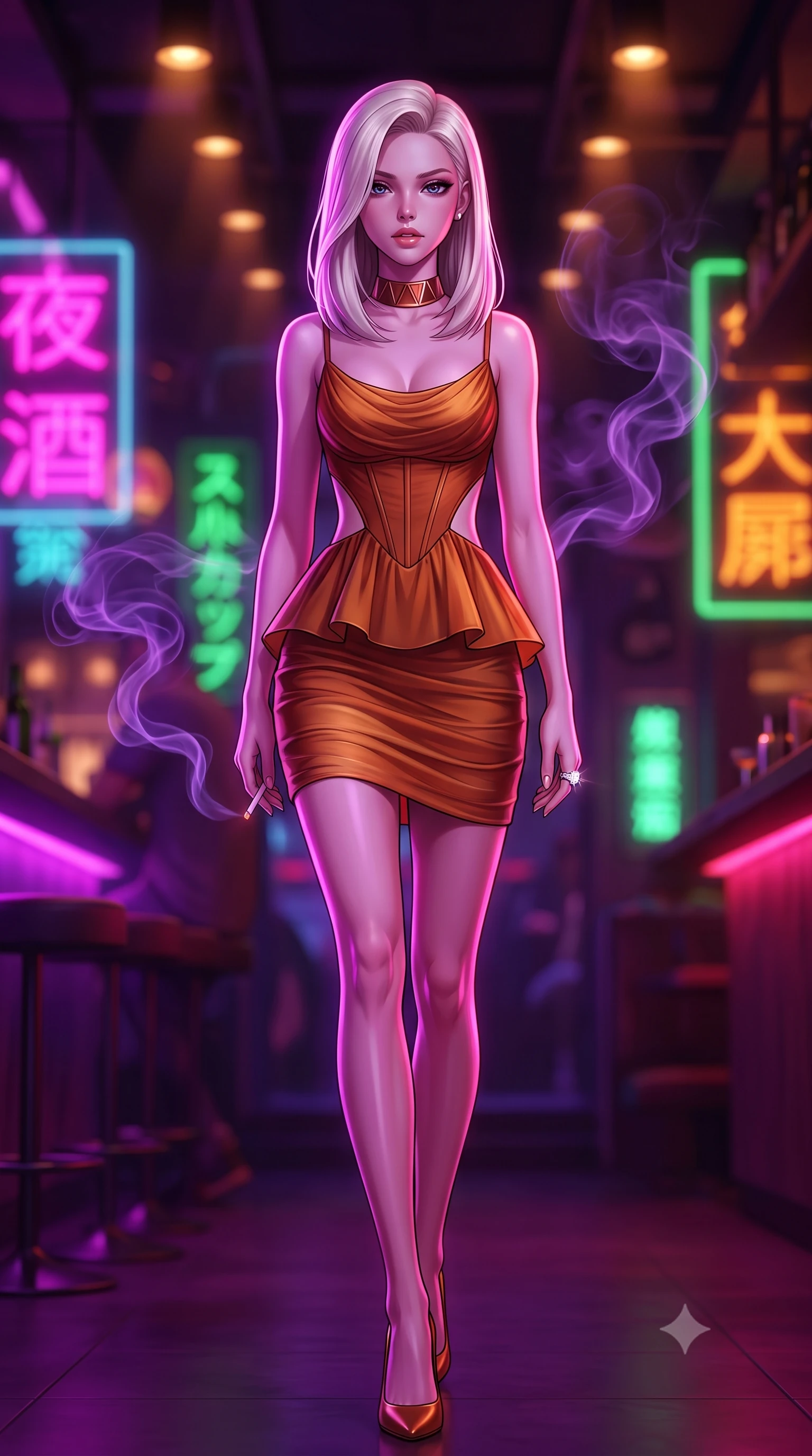 score_9, masterpiece, best quality, ultra-detailed, high-budget anime keyframe, semi-realistic 3D game render, editorial fashion photography, tasteful artistic composition, Caucasian woman. low angle full-body shot from head to toe showing her feet, filling the entire 9:16 vertical frame with her statuesque presence, stretching her vertical silhouette. striding forward in a proud supermodel runway stride, hips swaying in an alluring kinetic rhythm that accentuates her curvy hourglass silhouette while reclining on a tufted purple velvet circular booth propped on one elbow, her slender waist and curved hips sculpted by neon chiaroscuro. The composition keeps background elements in soft focus with creamy bokeh. swirling violet cigar smoke wisps and neon kanji holographic signs blurred into hot magenta, laser green, and deep amber bokeh. She has an exceptionally tall and slender model-like 8.5-heads proportion, an ultra-slim waist, a flat toned midriff, narrow delicate ribcage, and beautifully sculpted feminine hips creating a graceful, slim hourglass silhouette without any bulky heaviness, with impossibly long slender legs. sharp v-shaped jawline, high-bridge nose, intricate jewel-like eyes with depth, thick eyelashes, glossy parted lips with a natural sheen, intensely captivating and seductive bedroom-eyes expression, flawlessly proportioned anatomical accuracy, strict slender model proportions, natural body alignment, perfectly sculpted long slender limbs, ultra-slim waistline, clean dynamic posture without body distortion. wearing a modern peplum corset dress with side-waist diamond cutouts and an ultra-tight silhouette in rich copper bronze and warm amber, woven from layered gossamer chiffon with a weightless sweeping drape, complemented by a bold geometric choker and sparkling cocktail ring, the glove-like aerodynamic silhouette tightly following the natural contour of her hips and long slender legs with statuesque 8.5-heads elegance. bathed in rich magenta and electric violet neon light contrasting with warm amber bar downlights. highly saturated vibrant anime colors, detailed shading with soft gradients, rich glossy textures, high-contrast stereoscopic depth, volumetric dynamic lighting, master piece, 9:16 ratio