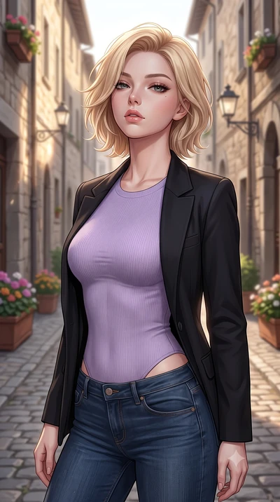 score_9, masterpiece, best quality, ultra-detailed, high-budget anime keyframe, editorial fashion photography, tasteful artistic composition, Caucasian woman woman. close-up cowboy shot from the waist and thighs up, the character dominates the compos