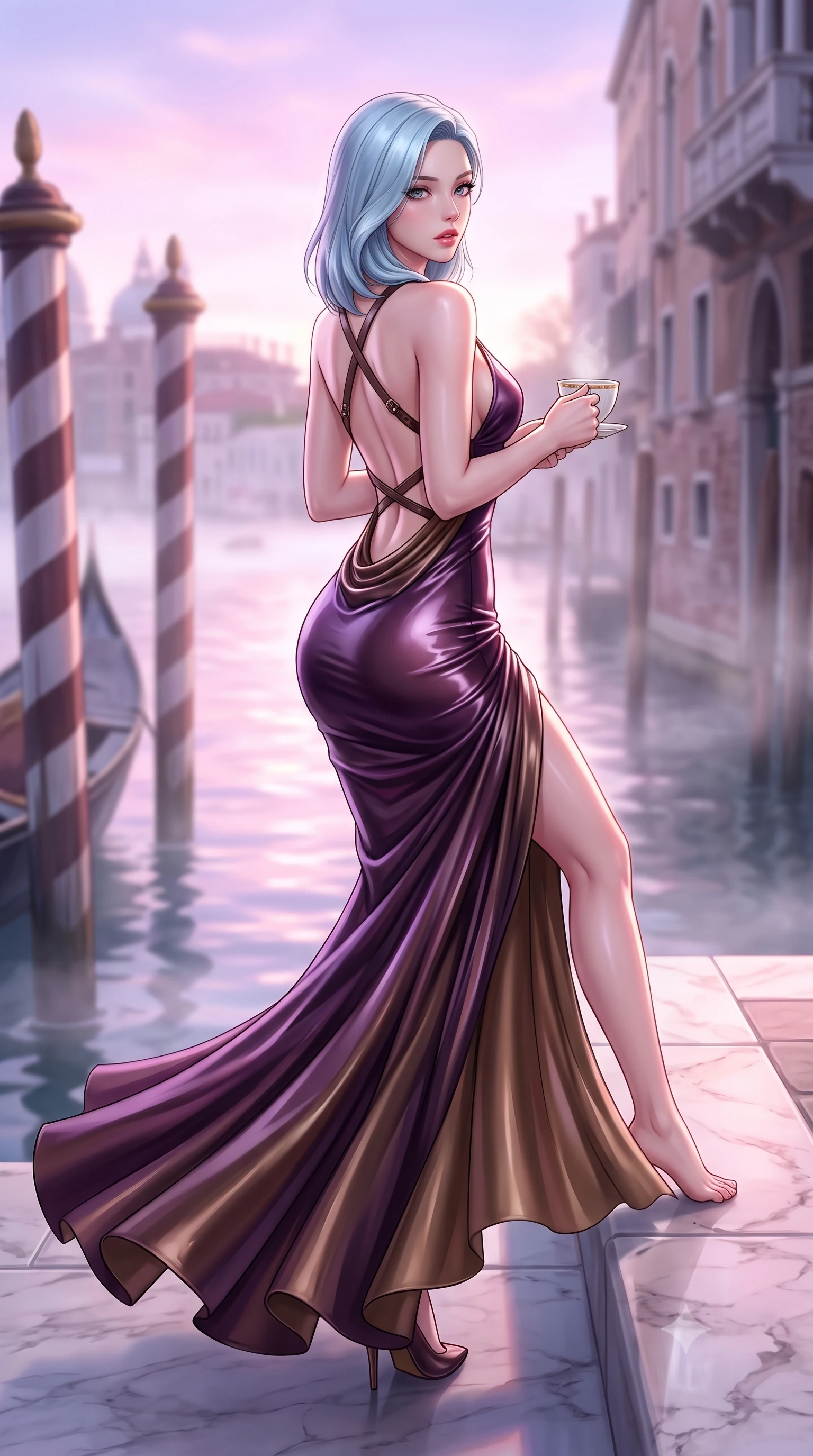 score_9, masterpiece, best quality, ultra-detailed, high-budget anime keyframe, semi-realistic 3D game render, editorial fashion photography, tasteful artistic composition, Korean woman. low angle full-body shot from head to toe showing her feet, filling the entire 9:16 vertical frame with her statuesque presence, stretching her vertical silhouette. executing an elegant mid-motion pivot turn as garments swirl around her slender limbs, glancing over her shoulder with an intoxicating bedroom-gaze while perching on the marble terrace parapet with legs crossed, arching her lower back while holding a delicate porcelain cup of espresso. The composition keeps background elements in soft focus with creamy bokeh. wooden striped mooring poles and rising canal morning mist softened in romantic shallow focus. She has an exceptionally tall and slender model-like 8.5-heads proportion, an ultra-slim waist, a flat toned midriff, narrow delicate ribcage, and beautifully sculpted feminine hips creating a graceful, slim hourglass silhouette without any bulky heaviness, with impossibly long slender legs. sharp v-shaped jawline, high-bridge nose, intricate jewel-like eyes with depth, thick eyelashes, glossy parted lips with a natural sheen, intensely captivating and seductive bedroom-eyes expression, flawlessly proportioned anatomical accuracy, strict slender model proportions, natural body alignment, perfectly sculpted long slender limbs, ultra-slim waistline, clean dynamic posture without body distortion. wearing an open-back duchess satin gala gown with a dramatic hip-hugging drape and cascading trailing hem in deep plum violet and antique bronze, tailored from second-skin aerodynamic stretch vinyl with specular wet sheen, featuring an open-back criss-cross harness strap in dark leather, the dramatically scooped open back descending to the base of her spine, accentuating her razor-sharp statuesque lines and slim hourglass silhouette. bathed in luminous pastel dawn pink and violet light reflecting off misty canal waters. highly saturated vibrant anime colors, detailed shading with soft gradients, rich glossy textures, high-contrast stereoscopic depth, volumetric dynamic lighting, master piece, 9:16 ratio