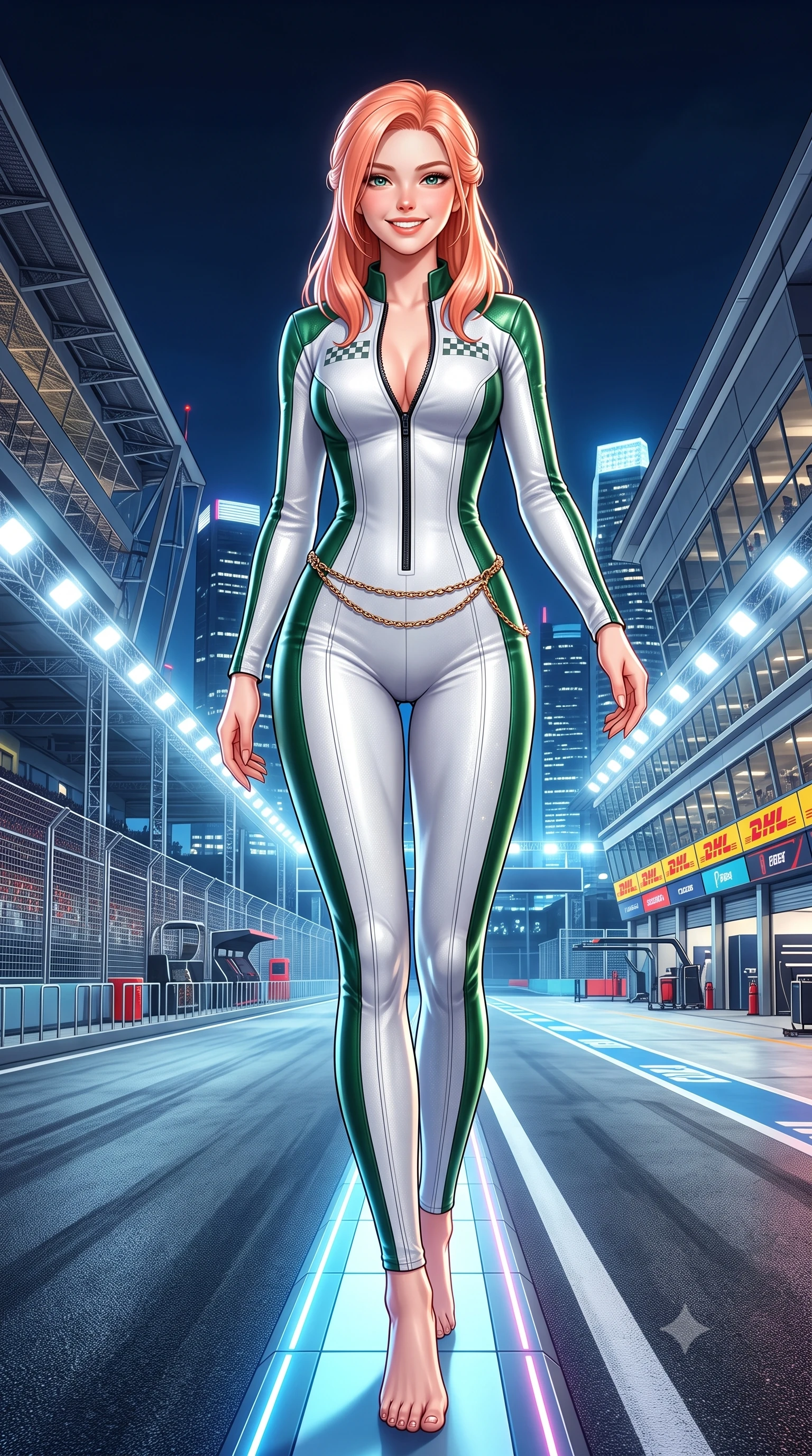 score_9, masterpiece, best quality, ultra-detailed, high-budget anime keyframe, semi-realistic 3D game render, editorial fashion photography, tasteful artistic composition, Japanese woman. low angle full-body shot from head to toe showing her feet, filling the entire 9:16 vertical frame with her statuesque presence, stretching her vertical silhouette. stepping forward gracefully across the paddock tarmac in mid-motion with a radiant beaming smile, hips swaying in an alluring kinetic rhythm that accentuates her curvy hourglass silhouette and long slender legs while standing poised on the illuminated pit wall overlooking the brightly lit pit straight, arching her back with high-octane racing queen glamour. The surrounding environment is rendered in vivid detail and crisp panoramic clarity: detailed racing leather sheen, floodlight specular highlights on skin, and Marina Bay night-circuit architecture in high resolution. She has an absolutely perfect, statuesque 8.5-heads proportion, an exceptionally tall and slender model-like female figure with impossibly long slender legs, an ultra-slim waist, a flat toned midriff, narrow delicate ribcage, and beautifully sculpted feminine hips creating a graceful, slim hourglass silhouette without any bulky heaviness. sharp v-shaped jawline, high-bridge nose, sparkling eyes with athletic focus and depth, thick curled eyelashes, glossy parted lips with a natural coral-peach sheen, bright confident and coquettish smile with alluring bedroom-eyes, exuding both youthful sporty vigor and sovereign high-society glamour, flawlessly proportioned anatomical accuracy, strict slender model proportions, natural body alignment, perfectly sculpted long slender limbs, ultra-slim waistline, clean dynamic posture without body distortion. wearing an ultra-tight form-contouring racing leather catsuit in two-tone white and British racing green with a deep-plunging zip neck in matte obsidian black and checkered flag white, woven from metallic lurex and technical nylon with subtle starlight glints, accented with a delicate gold chain belt resting loosely on her curvy hips, the form-fitting tailored bodice adhering flawlessly to her sculpted flat midriff and slender torso, emphasizing her long leg lines and perfectly proportioned willowy build. bathed in intense, high-contrast track floodlight white and pit-box neon accents. highly saturated vibrant anime colors, detailed shading with soft gradients, rich glossy textures, high-contrast stereoscopic depth, volumetric dynamic lighting, master piece, 9:16 ratio
