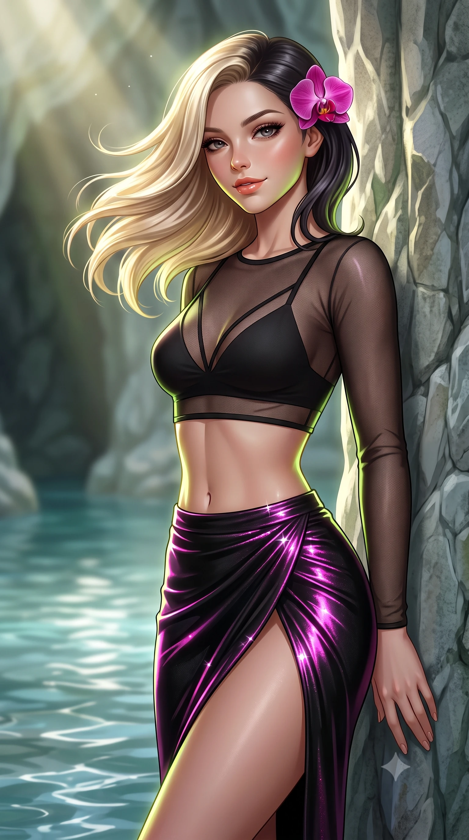 score_9, masterpiece, best quality, ultra-detailed, high-budget anime keyframe, semi-realistic 3D game render, editorial fashion photography, tasteful artistic composition, Caucasian woman. close-up cowboy shot from the waist and thighs up, the character dominates the composition, filling the frame with her large presence. turning slowly with an enchanting smoldering smile, her glossy hair tossing in the breeze as her hips angle gracefully in a captivating contrapposto while leaning against the cool limestone cavern wall with hips cocked back, looking upward through sunbeams with smoldering bedroom-eyes. The background shows a soft-focus natural spring pool ripples softened in secret enchanted grotto shallow focus. She has an exceptionally elegant, slender, and willowy female figure with an ultra-slim waist, flat toned midriff, narrow ribcage, and sculpted feminine hips creating an alluring, slim hourglass silhouette without bulk. sharp v-shaped jawline, high-bridge nose, sparkling eyes with hypnotic seductive depth, thick curled eyelashes, glossy parted lips with a natural dewy peach sheen, alluring bedroom-eyes with an enchanting coquettish smile, exuding magnetic siren charisma and sophisticated glamour, flawlessly proportioned anatomical accuracy, strict slender model proportions, natural body alignment, perfectly sculpted long slender limbs, ultra-slim waistline, clean dynamic posture without body distortion. wearing a delicate sheer mesh long-sleeve crop top layered over an opaque strappy micro-bralette and tight metallic skirt in wet-look onyx black with electric magenta reflections, woven from stretch metallic lurex jersey casting radiant starlight glints across her silhouette, accented with a fresh-bloomed exotic magenta orchid tucked gracefully into her dark glossy hair, the high-slit wrap tailoring accentuating her ultra-slim waistline and the enchanting curve of her feminine hips with alluring seductive charm. illuminated by spring water bounce and sharp golden-green rim lights defining her razor-sharp jawline, narrow waist, and voluptuous hip curves. highly saturated vibrant anime colors, detailed shading with soft gradients, rich glossy textures, high-contrast stereoscopic depth, volumetric dynamic lighting, master piece, 9:16 ratio