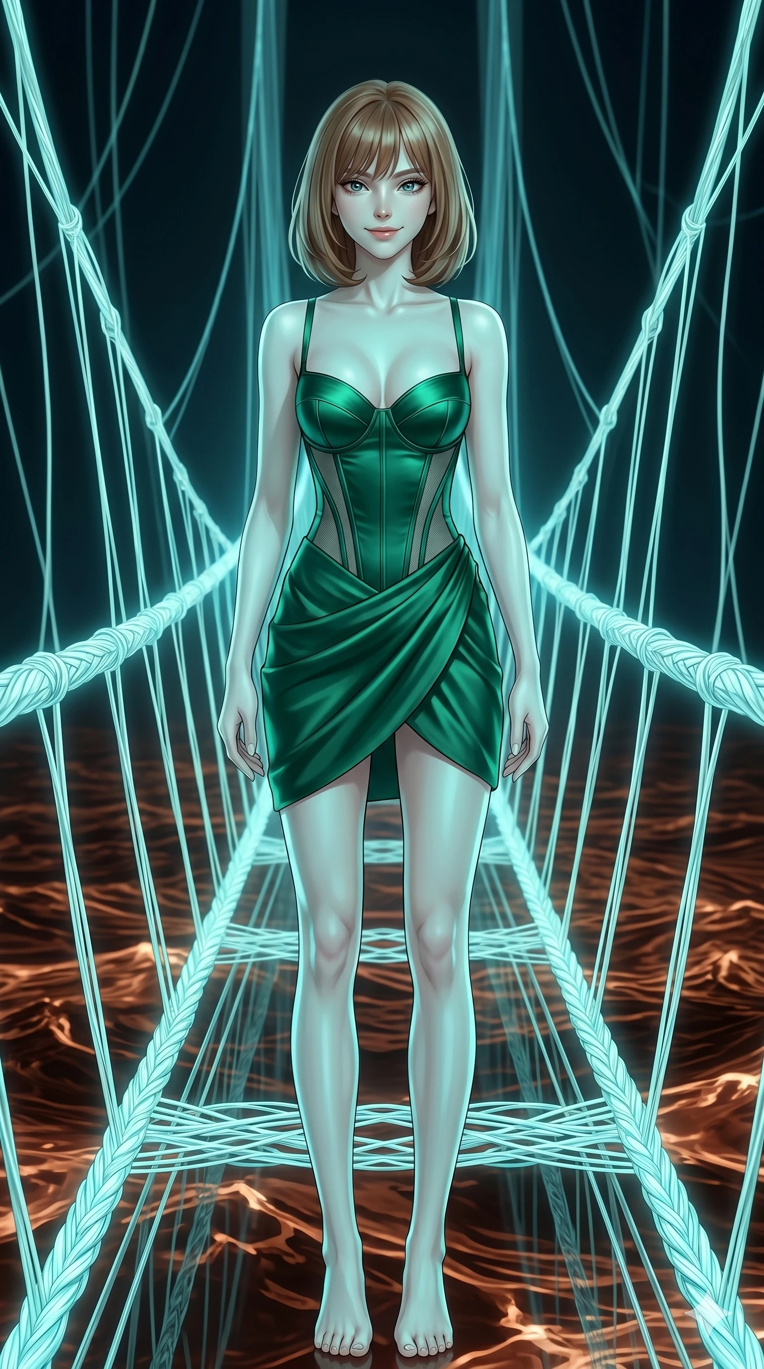 score_9, masterpiece, best quality, ultra-detailed, high-budget anime keyframe, editorial fashion photography, tasteful artistic composition, Caucasian woman, strictly human ears. cowboy shot from the thighs up, character and outfit filling the frame for maximum editorial presence. Smiling with quiet, magnetic self-assurance directly into the camera on a suspension bridge made of braided light filaments overlooking a sea of liquid copper. She has an absolutely perfect 8-heads proportion, an exceptionally tall and slender female figure with impossibly long slender legs and an ultra-slim waist. V-shaped jawline, high-bridge nose, intricate jewel-like eyes with depth, thick eyelashes, glossy lips with a natural sheen. wearing a structured bodysuit with a corseted bodice in emerald satin and semi-opaque mesh side panels, layered under a draped silk wrap skirt in matching emerald. illuminated by soft aqua bioluminescent light that makes her skin luminously glow against the dark. 2k, ultra detail, master piece, 9:16 ratio