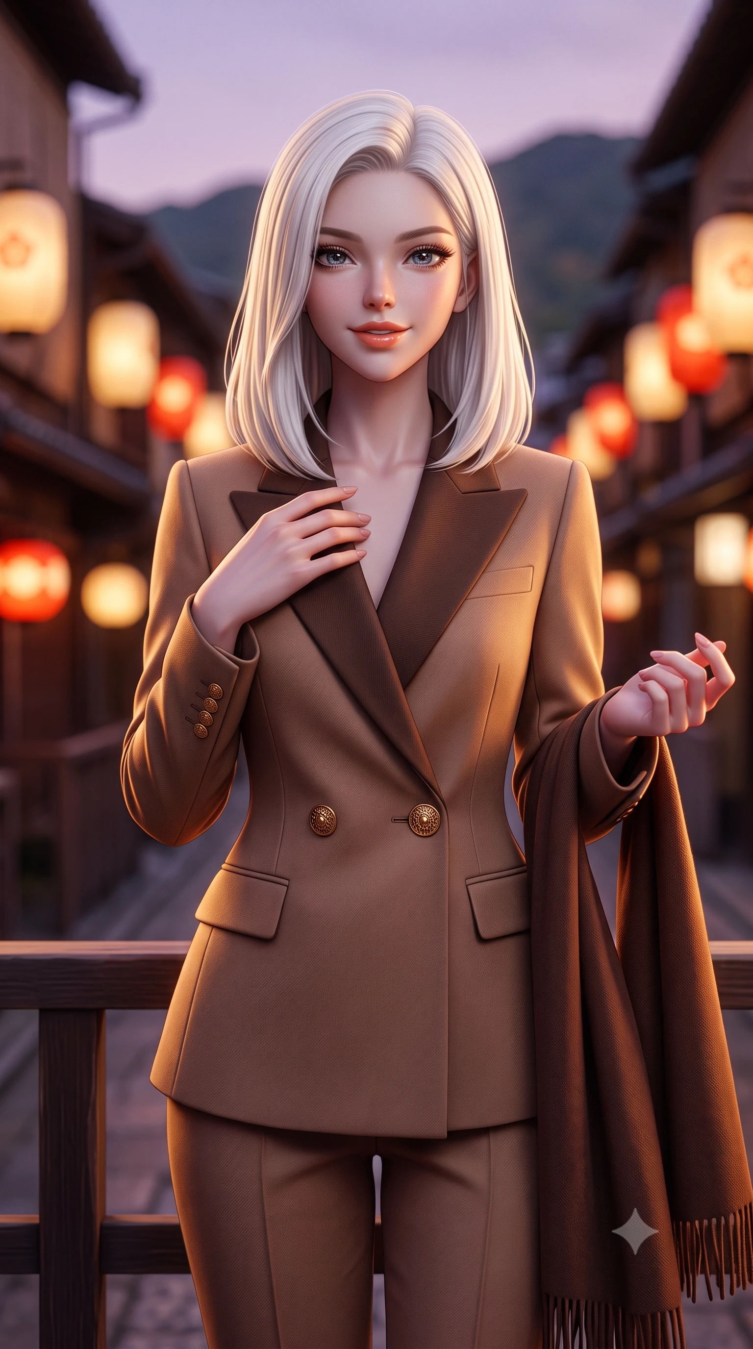 score_9, masterpiece, best quality, ultra-detailed, high-budget anime keyframe, semi-realistic 3D game render, editorial fashion photography, tasteful artistic composition, Korean woman. close-up cowboy shot from the waist and thighs up, the character dominates the composition, filling the frame with her large presence. resting one hand gracefully on her tailored blazer lapel while looking into the camera with bright, sparkling eyes while leaning gently against the cedar lattice railing of the historic machiya balcony, one hand holding her scarf against the crisp evening breeze. The background shows a soft-focus warm paper lanterns along Gion alleyways softened in romantic Kyoto dusk shallow focus. She has an exceptionally elegant, slender, and willowy female figure with an ultra-slim waist, flat toned midriff, narrow ribcage, and sculpted feminine hips creating an alluring, slim hourglass silhouette without bulk. sharp v-shaped jawline, high-bridge nose, intricate jewel-like sparkling eyes with depth, thick eyelashes, glossy parted lips with a natural peach sheen, bright cheerful beaming smile with an enchanting and coquettish sensual glint, exuding both youthful cute charm and seductive allure, flawlessly proportioned anatomical accuracy, strict slender model proportions, natural body alignment, perfectly sculpted long slender limbs, ultra-slim waistline, clean dynamic posture without body distortion. wearing a refined double-breasted wool gabardine pantsuit with clean minimalist tailoring and a concealed placket in Saint-Germain camel wool and warm espresso, tailored from fine wool gabardine with crisp permanent pleats and sharp drape, accented with an ornate 24k gold lion-embossed crest button along the front closure, the streamlined silhouette following her natural slender proportions with sophisticated poise, enhancing her tall willowy presence. bathed in the soft purple-gold twilight glow of autumn sunset over the Higashiyama mountains mixed with warm paper lantern lights. highly saturated vibrant anime colors, detailed shading with soft gradients, rich glossy textures, high-contrast stereoscopic depth, volumetric dynamic lighting, master piece, 9:16 ratio